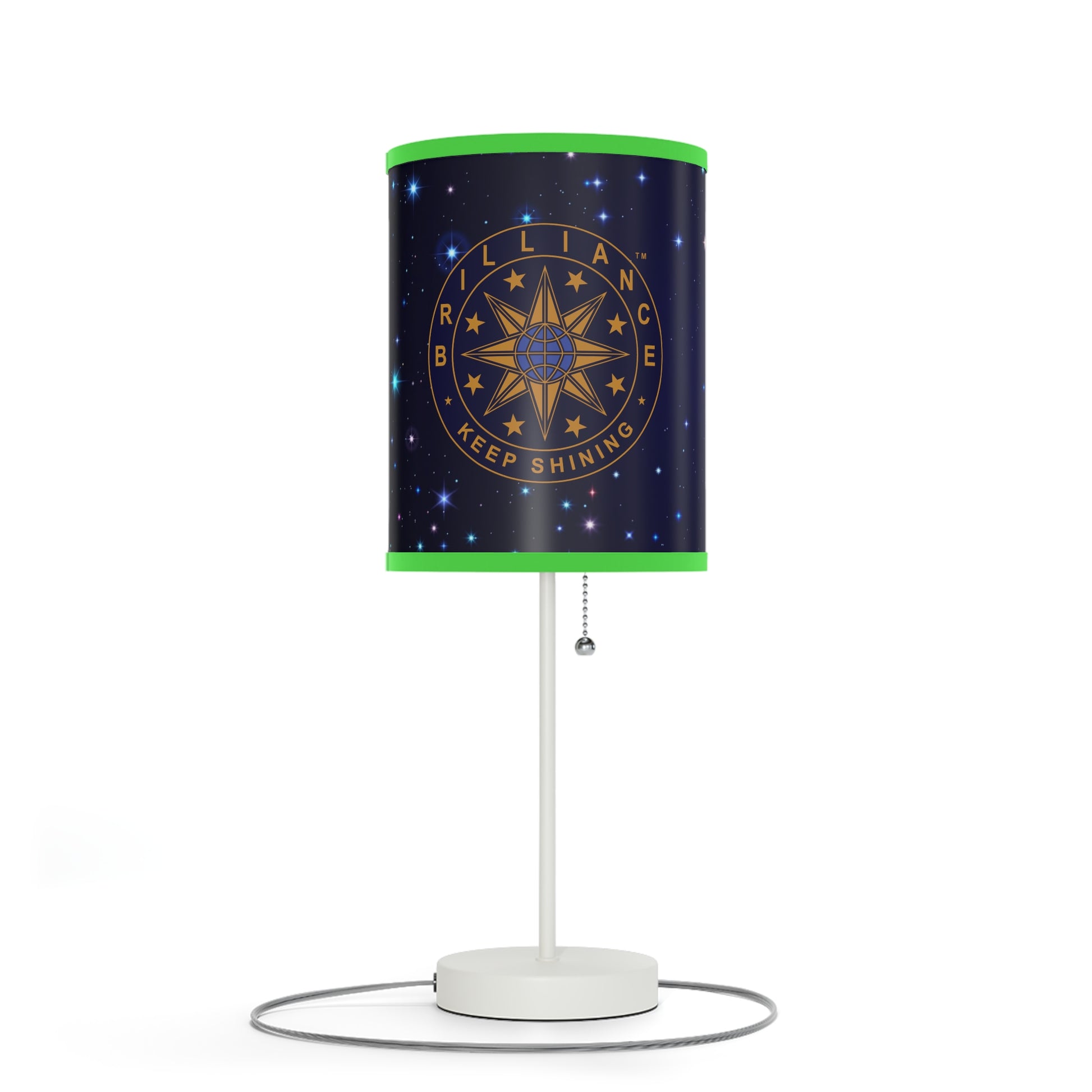 Brilliance Lamp on a White Stand with Starry Night Print and Logo, US|CA plug Lime Green Trim Left Side