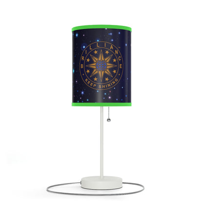 Brilliance Lamp on a White Stand with Starry Night Print and Logo, US|CA plug Lime Green Trim Left Side