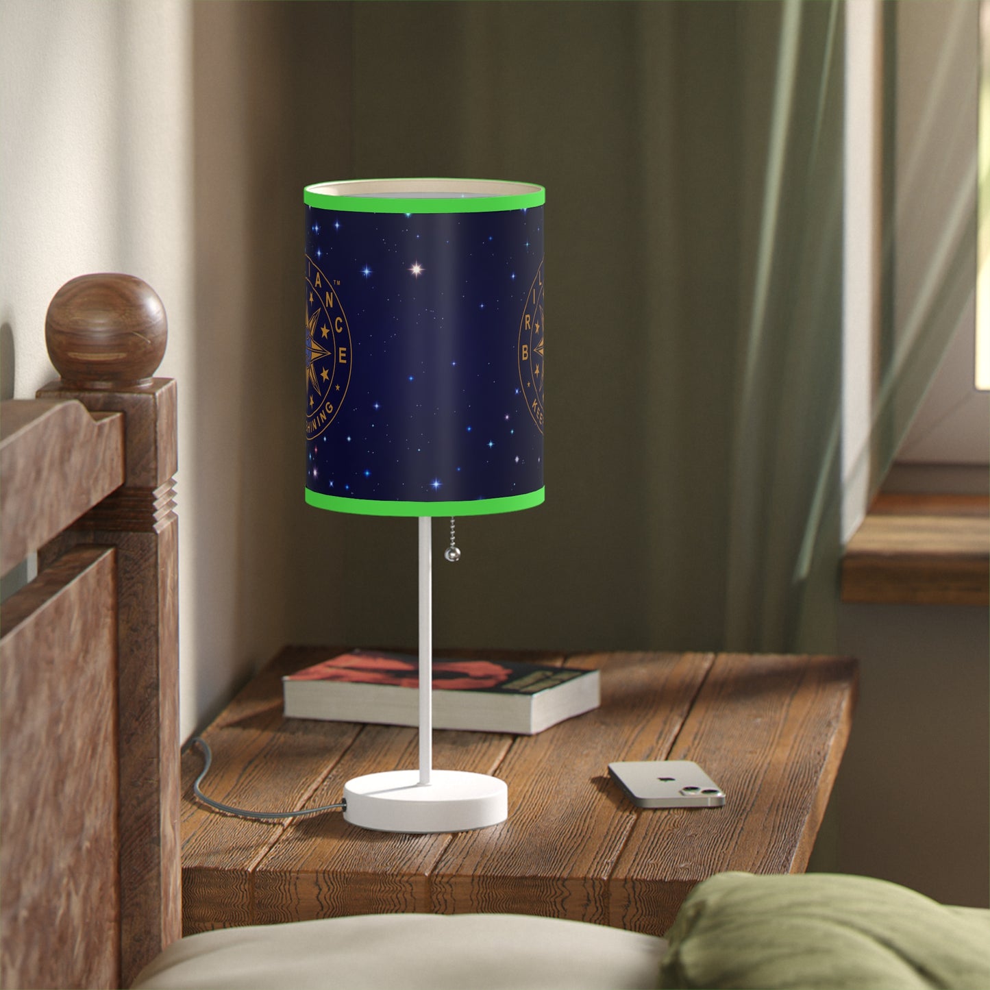 Brilliance Lamp on a White Stand with Starry Night Print and Logo, US|CA plug Lime Green Trim Slant