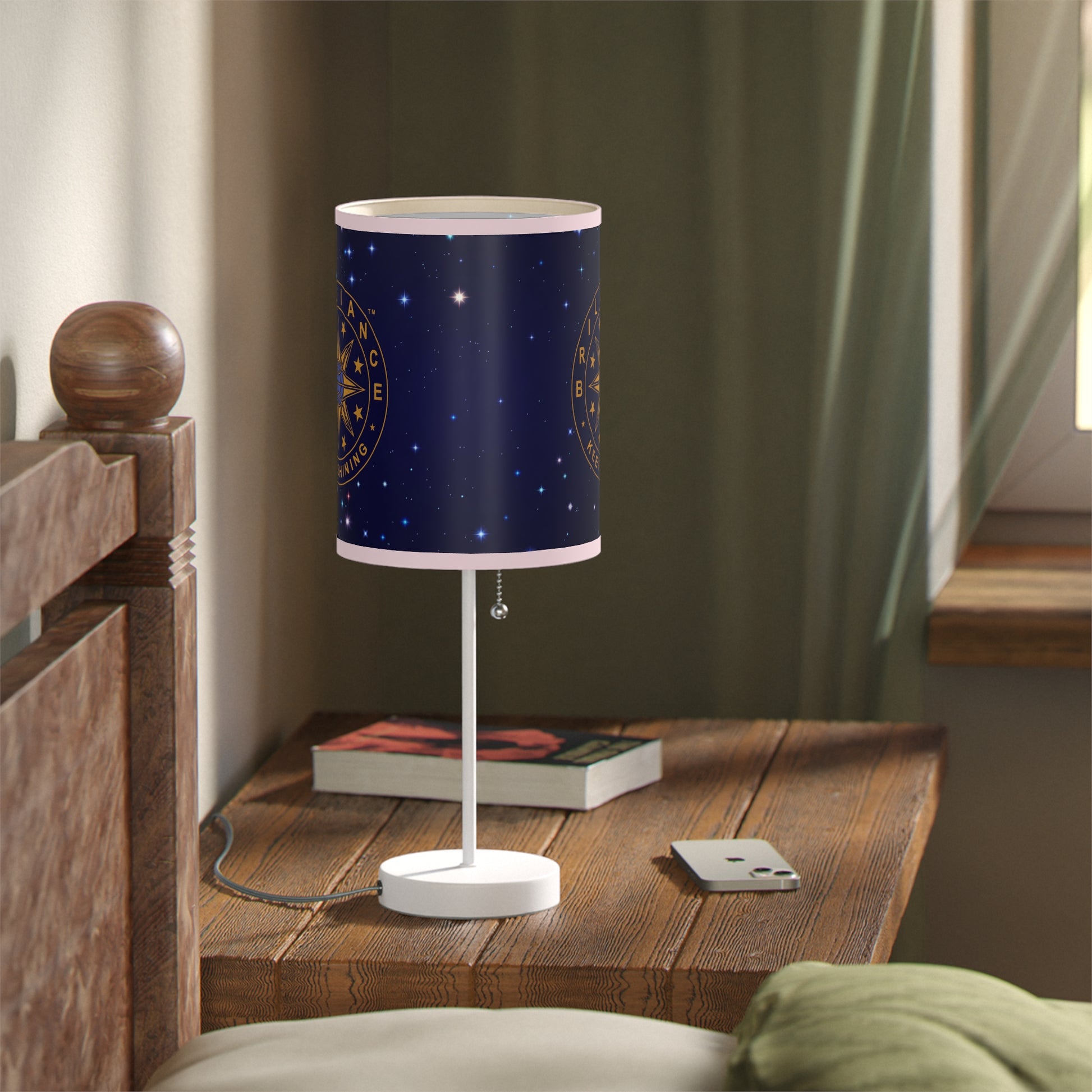 Brilliance Lamp on a White Stand with Starry Night Print and Logo, US|CA plug Medium Pink Trim Slant