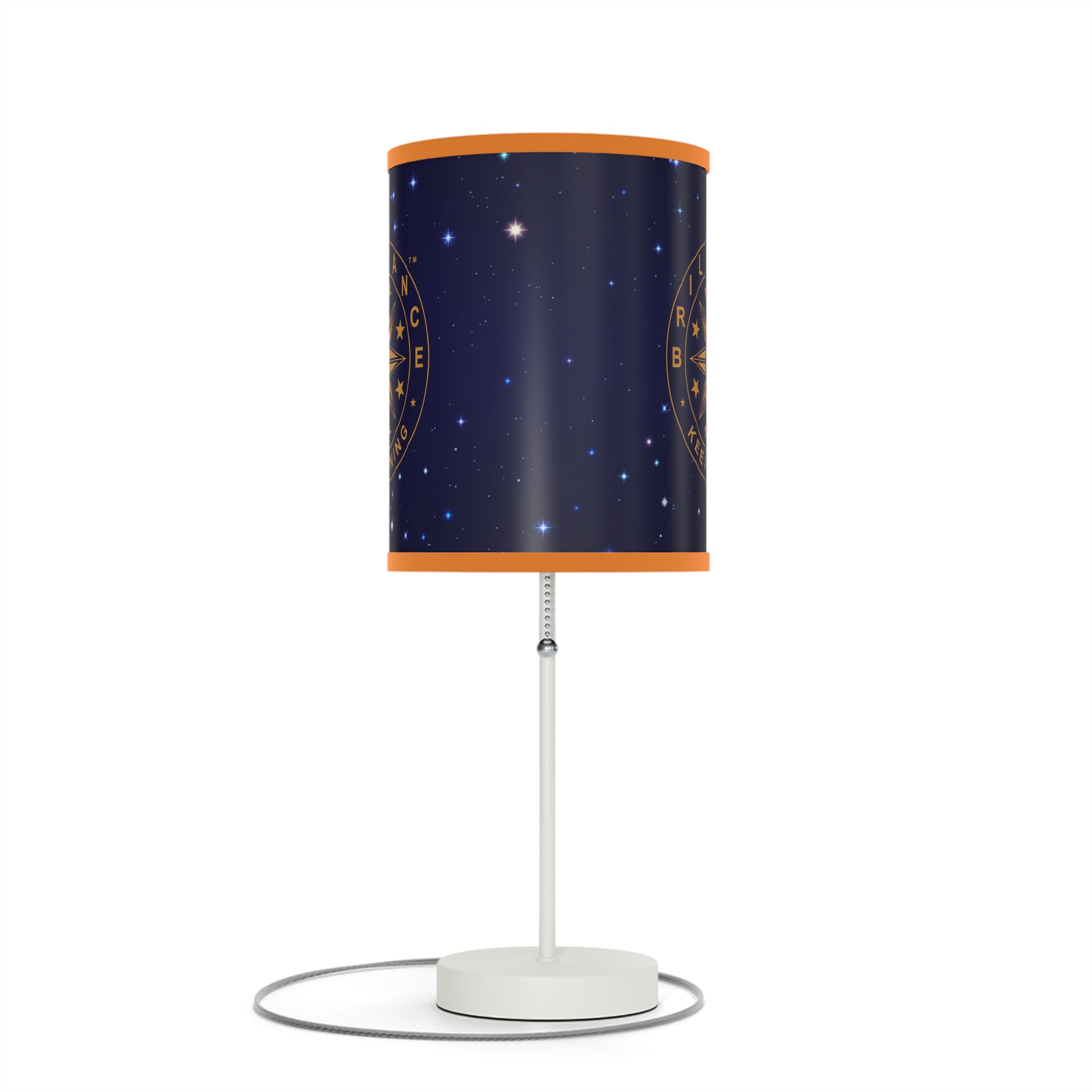 Brilliance Lamp on a White Stand with Starry Night Print and Logo, US|CA plug Orange Trim Front Side