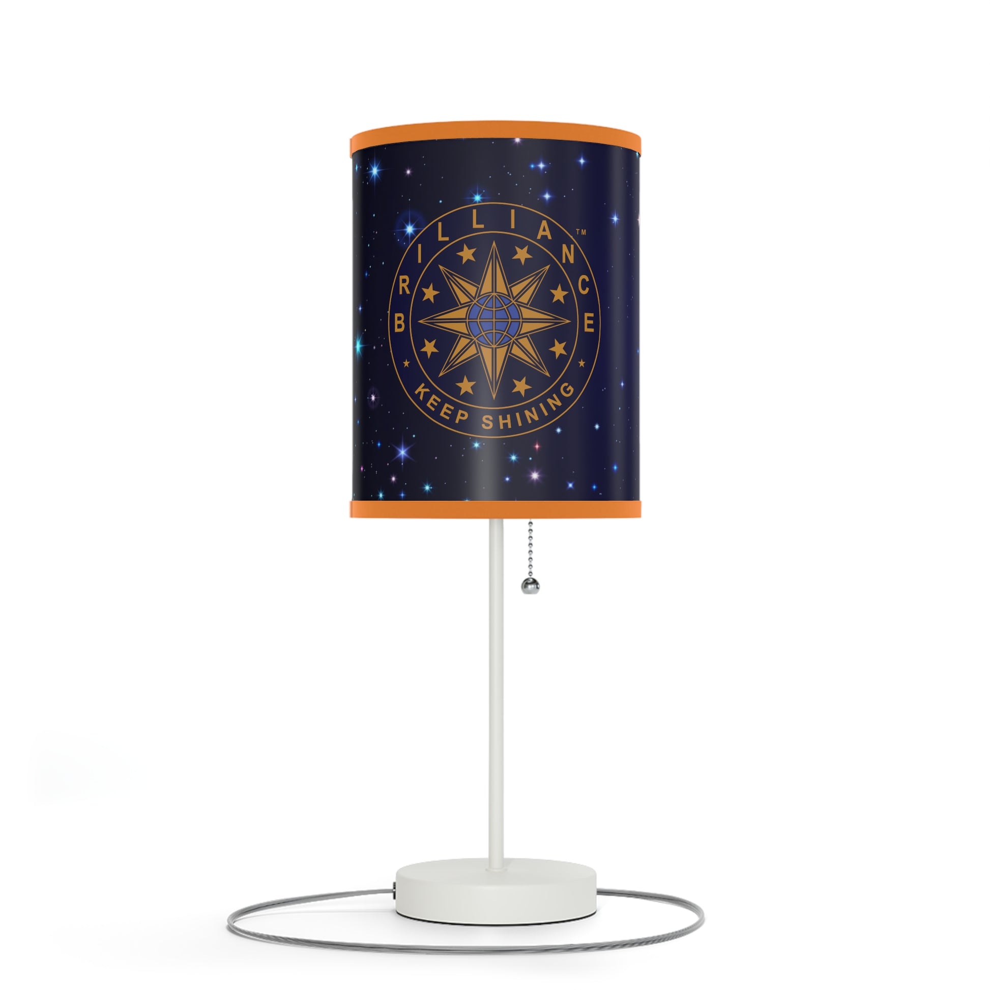 Brilliance Lamp on a White Stand with Starry Night Print and Logo, US|CA plug Orange Trim Left Side