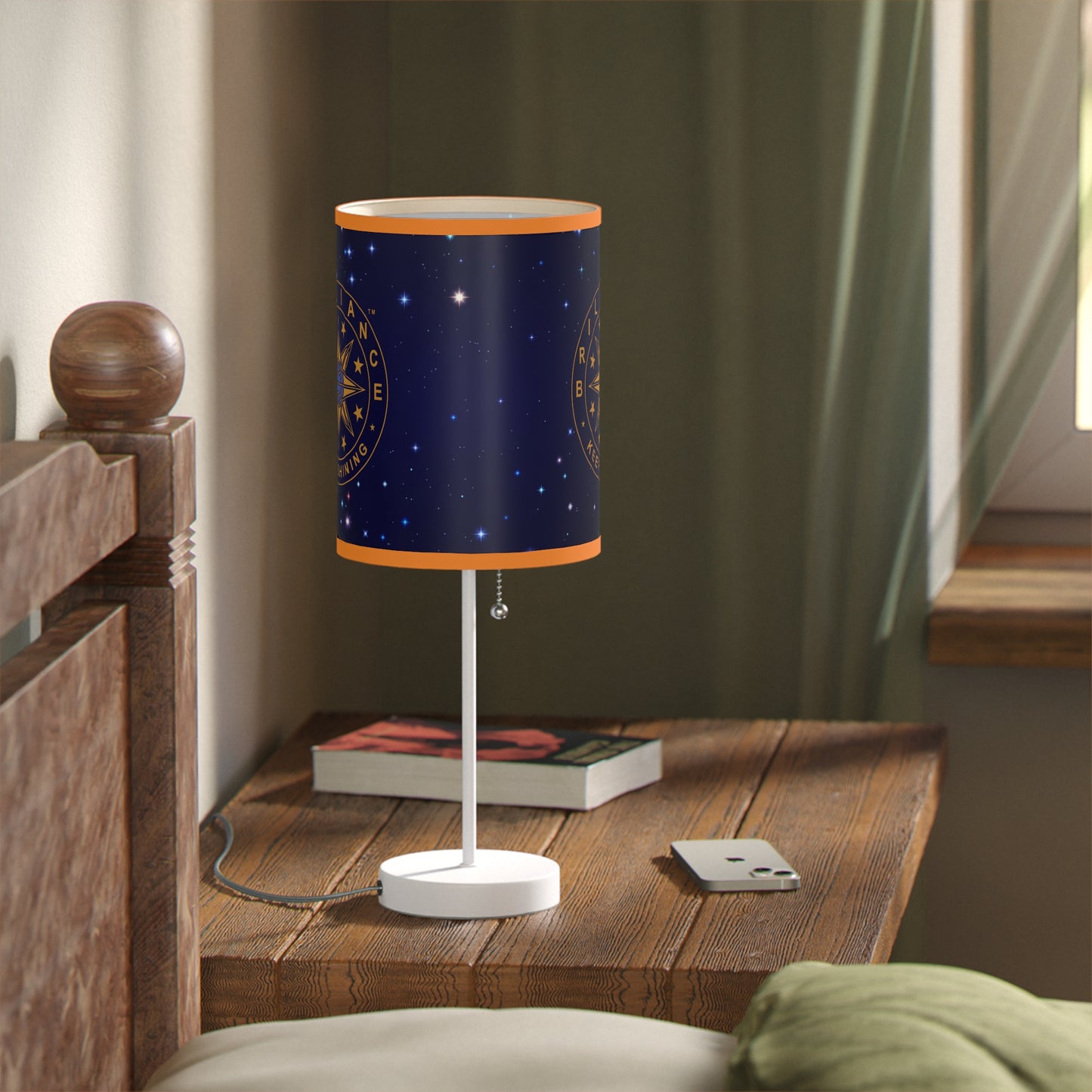 Brilliance Lamp on a White Stand with Starry Night Print and Logo, US|CA plug Orange Trim Slant