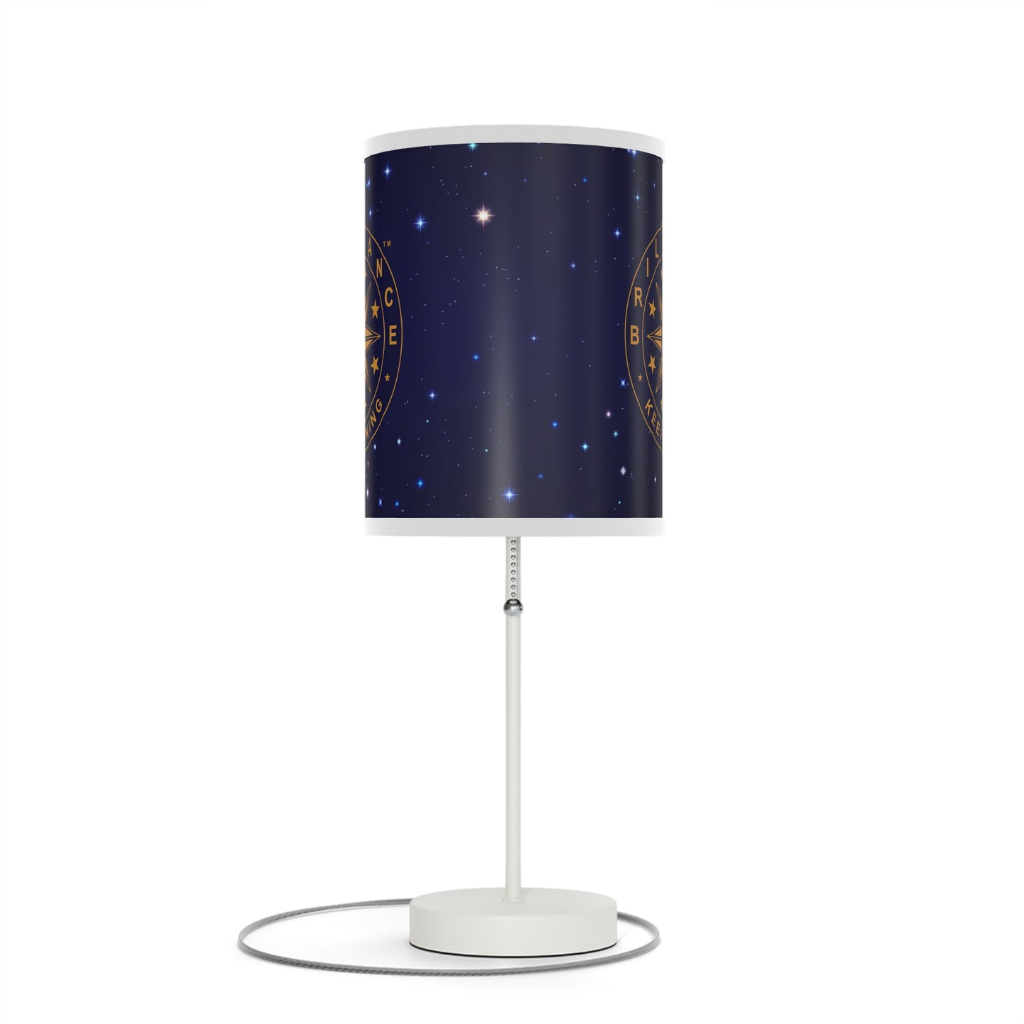 Brilliance Lamp on a White Stand with Starry Night Print and Logo, US|CA plug White Trim Front Side