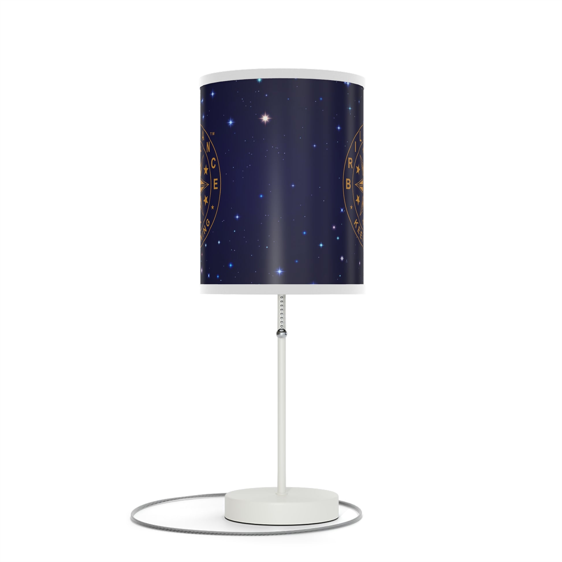 Brilliance Lamp on a White Stand with Starry Night Print and Logo, US|CA plug White Trim Front Side