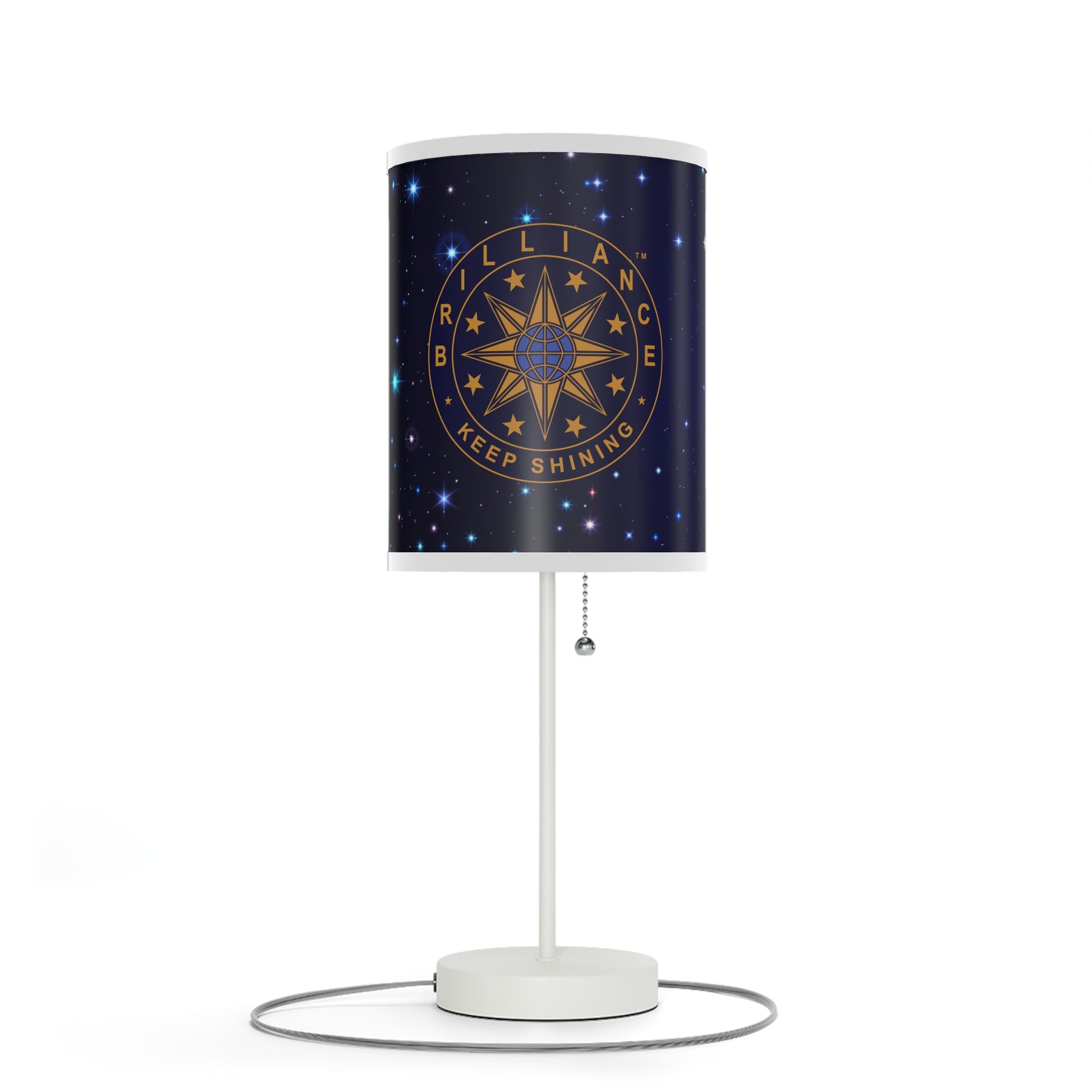Brilliance Lamp on a White Stand with Starry Night Print and Logo, US|CA plug White Trim Left Side