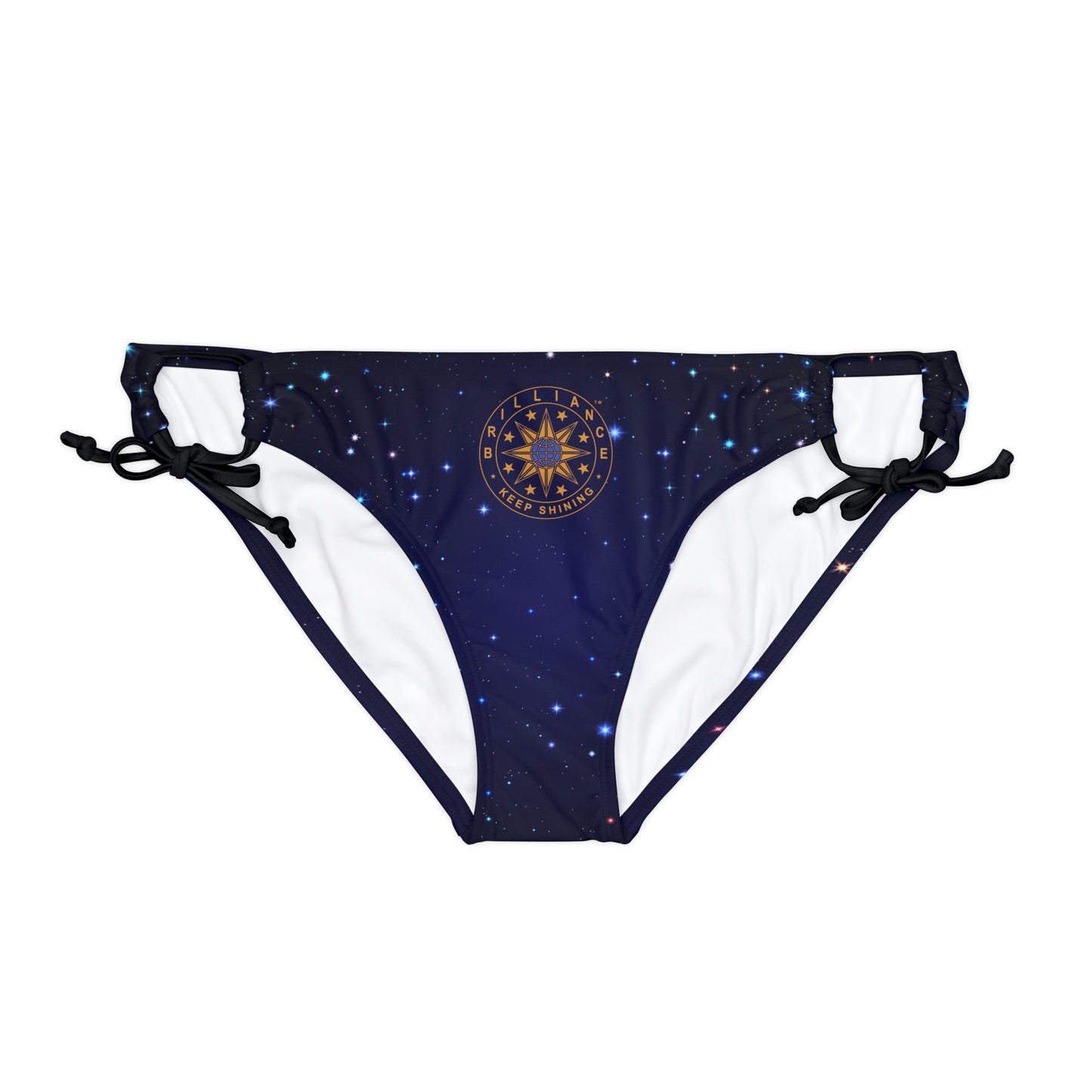 Brilliance Loop Tie Side Bikini Bottom with Starry Night Print and Logo Black Straps Front Side