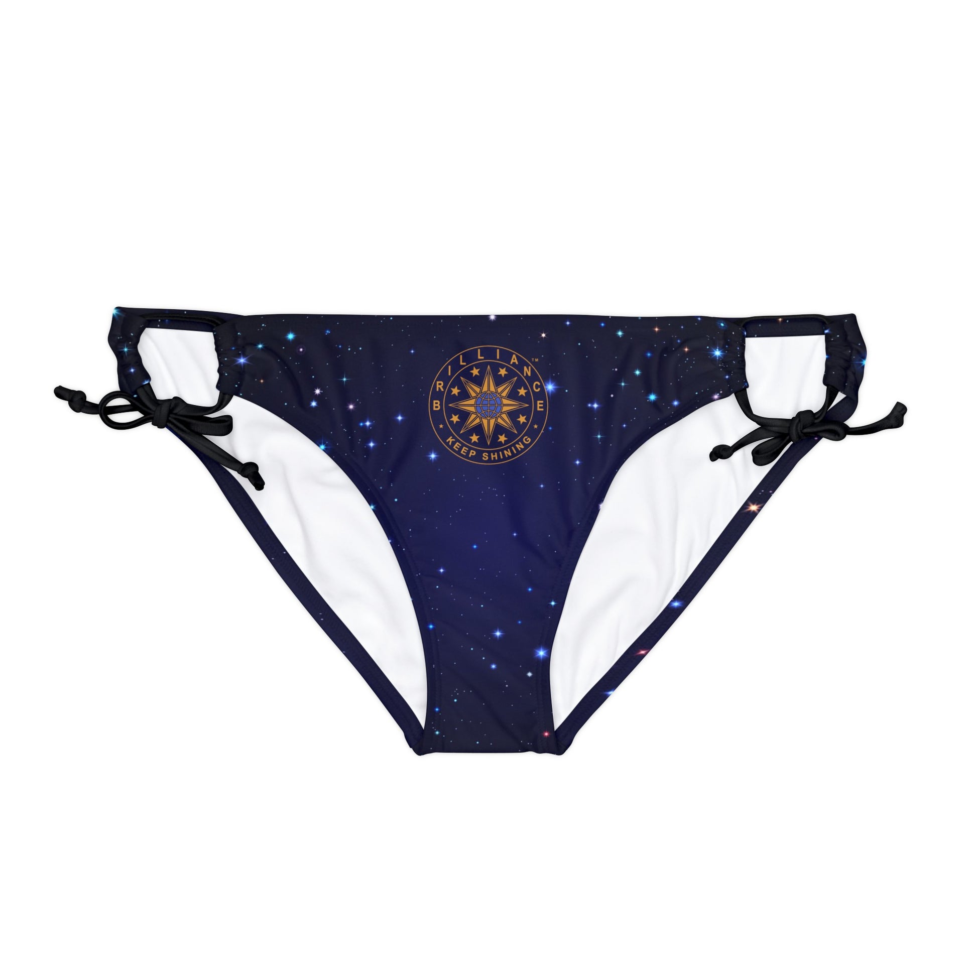 Brilliance Loop Tie Side Bikini Bottom with Starry Night Print and Logo Black Straps Front Side