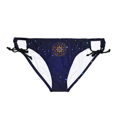 Brilliance Loop Tie Side Bikini Bottom with Starry Night Print and Logo Black Straps Front Side