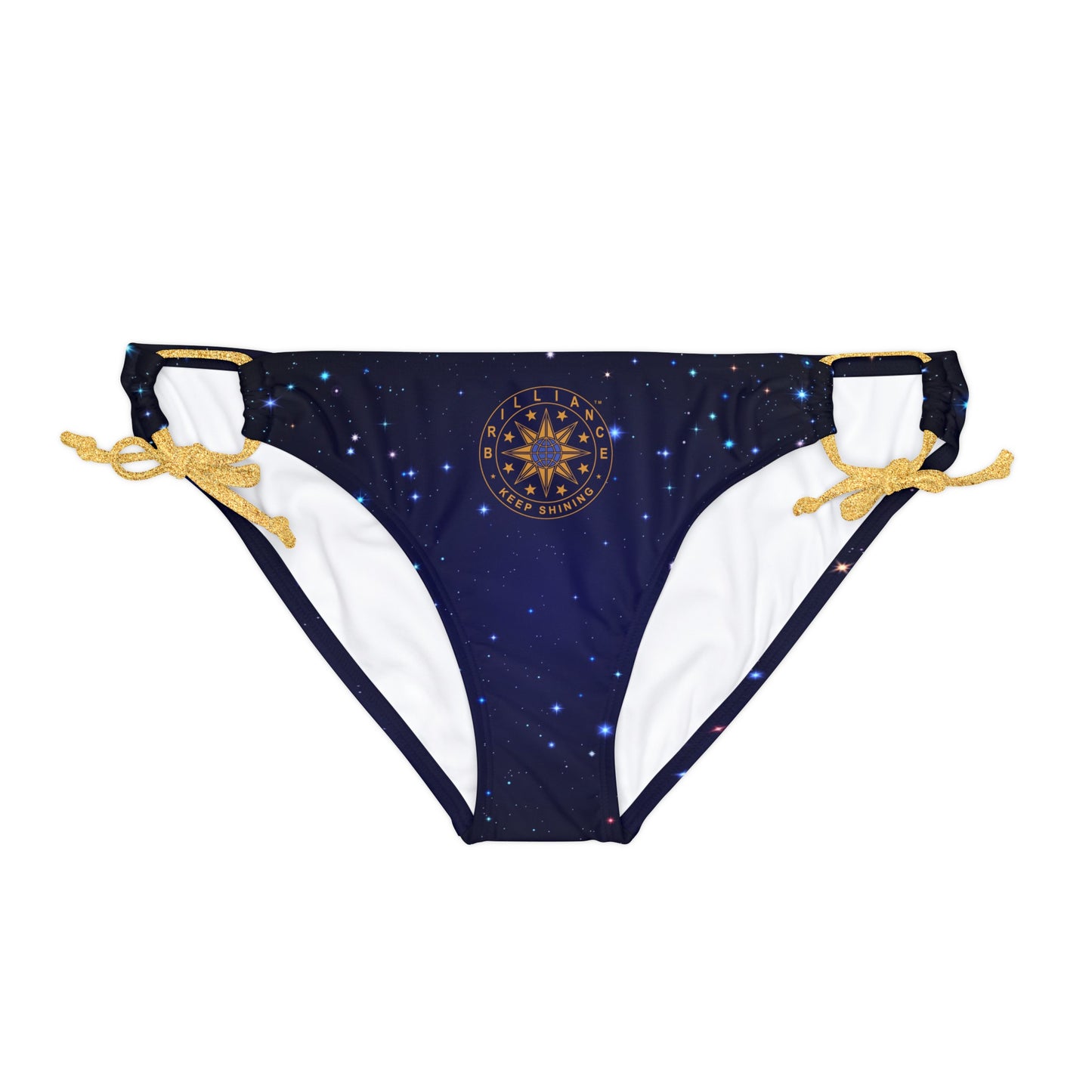 Brilliance Loop Tie Side Bikini Bottom with Starry Night Print and Logo Gold Straps Front Side