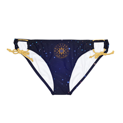 Brilliance Loop Tie Side Bikini Bottom with Starry Night Print and Logo Gold Straps Front Side