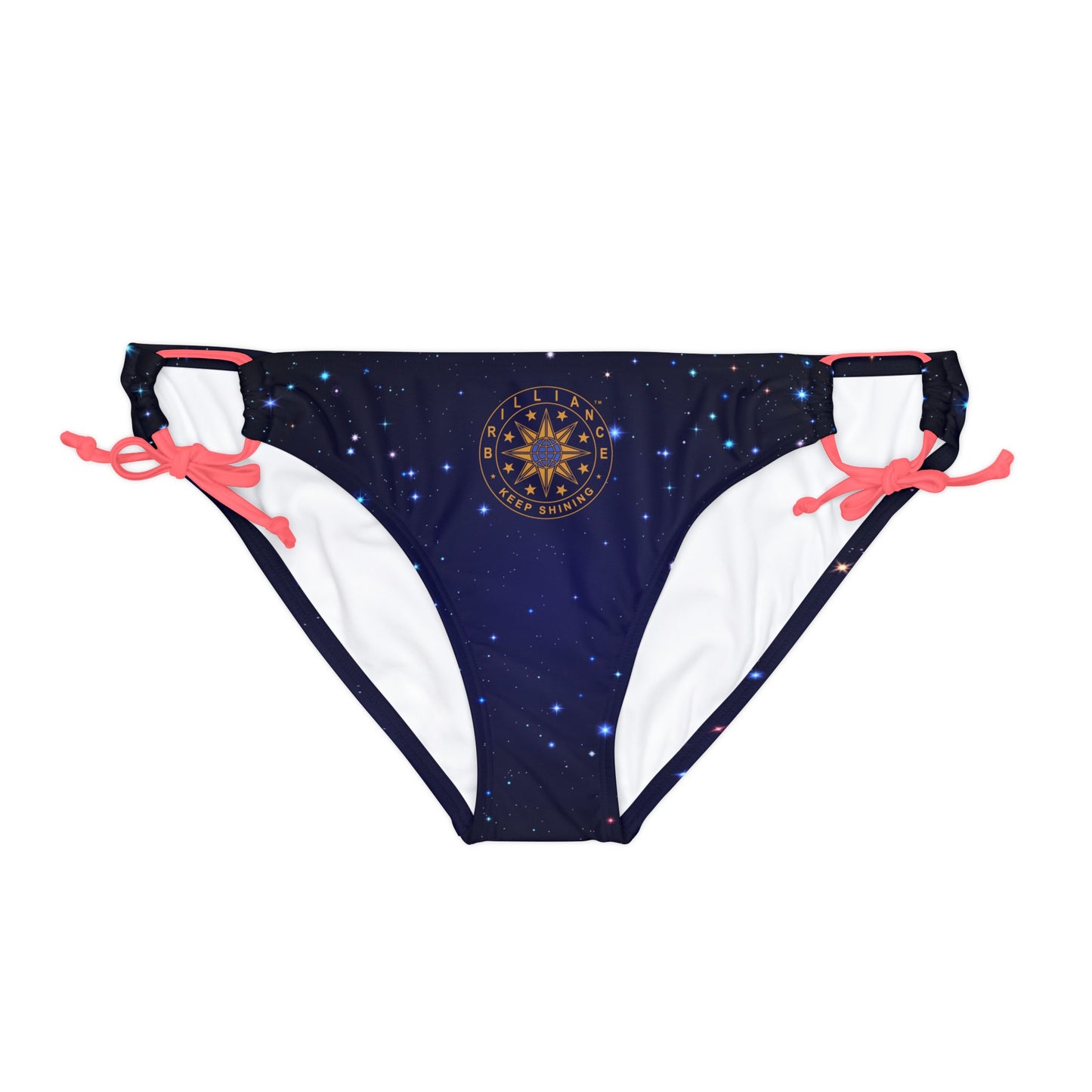 Brilliance Loop Tie Side Bikini Bottom with Starry Night Print and Logo Neon Pink Straps Front Side