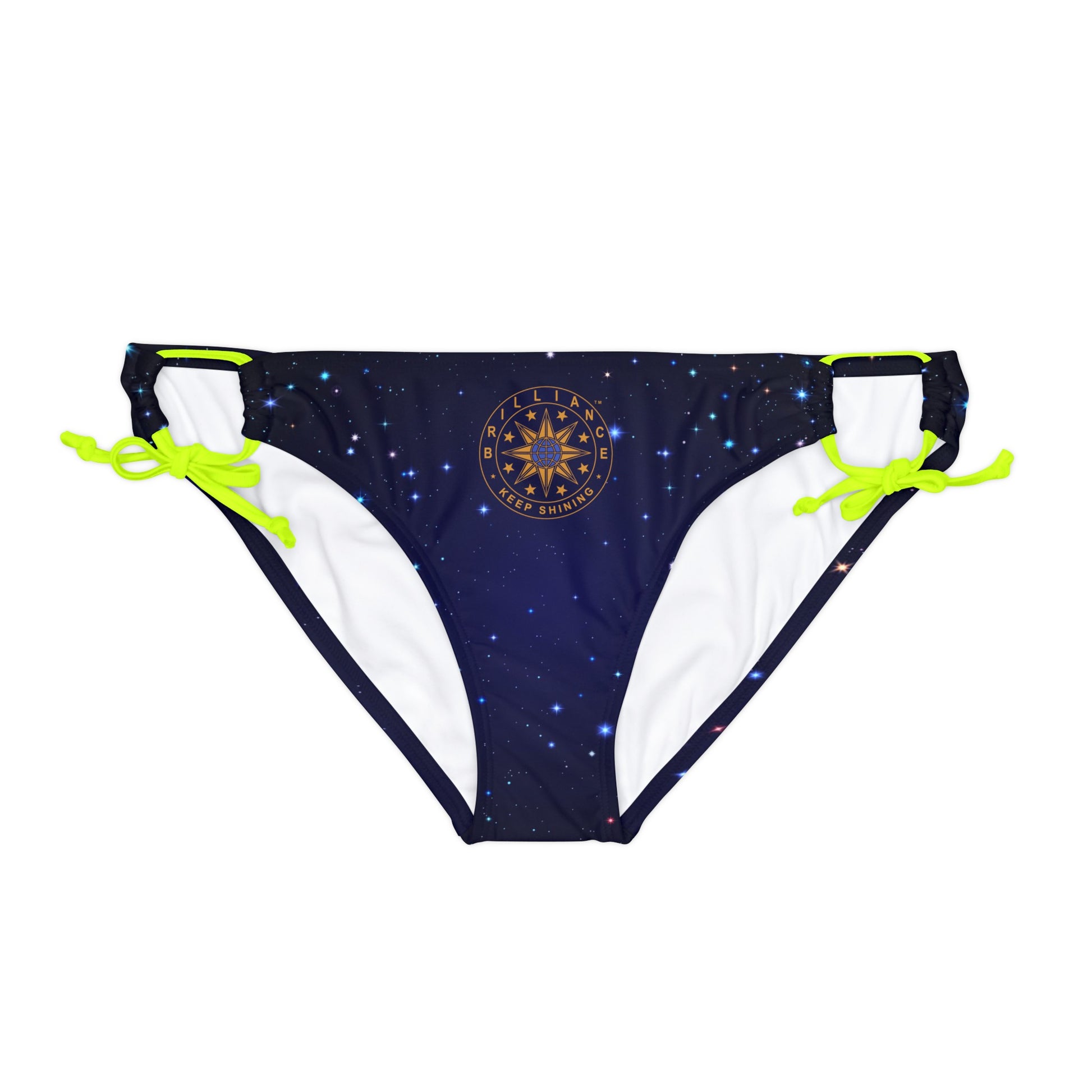 Brilliance Loop Tie Side Bikini Bottom with Starry Night Print and Logo Neon Yellow Straps Front Side