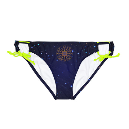 Brilliance Loop Tie Side Bikini Bottom with Starry Night Print and Logo Neon Yellow Straps Front Side