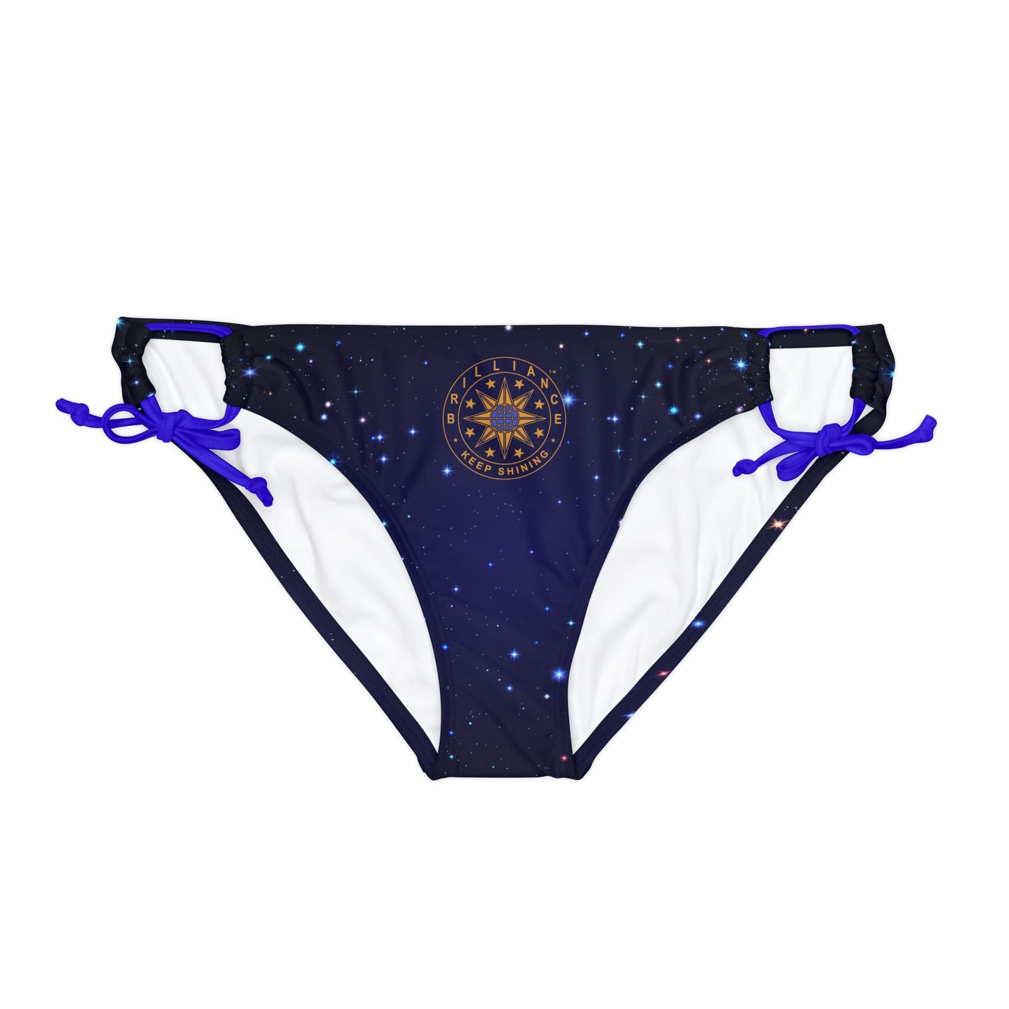 Brilliance Loop Tie Side Bikini Bottom with Starry Night Print and Logo Royal Blue Straps Front Side