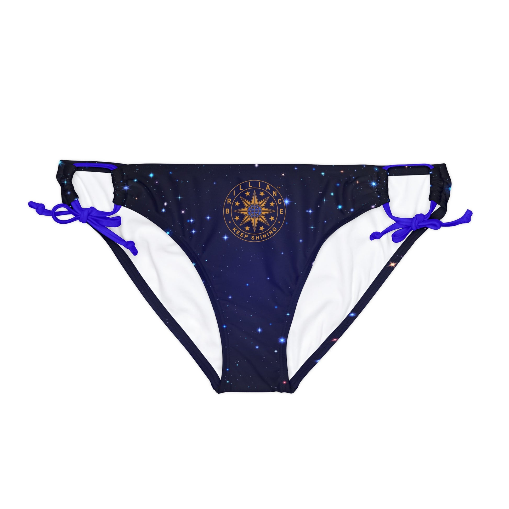 Brilliance Loop Tie Side Bikini Bottom with Starry Night Print and Logo Royal Blue Straps Front Side