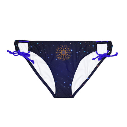 Brilliance Loop Tie Side Bikini Bottom with Starry Night Print and Logo Royal Blue Straps Front Side