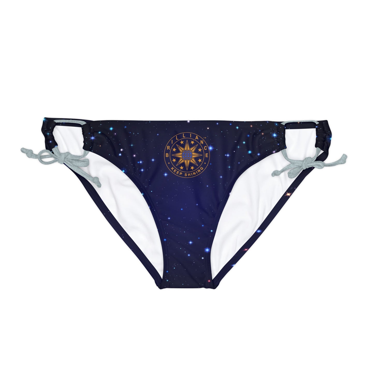 Brilliance Loop Tie Side Bikini Bottom with Starry Night Print and Logo Silver Straps Front Side