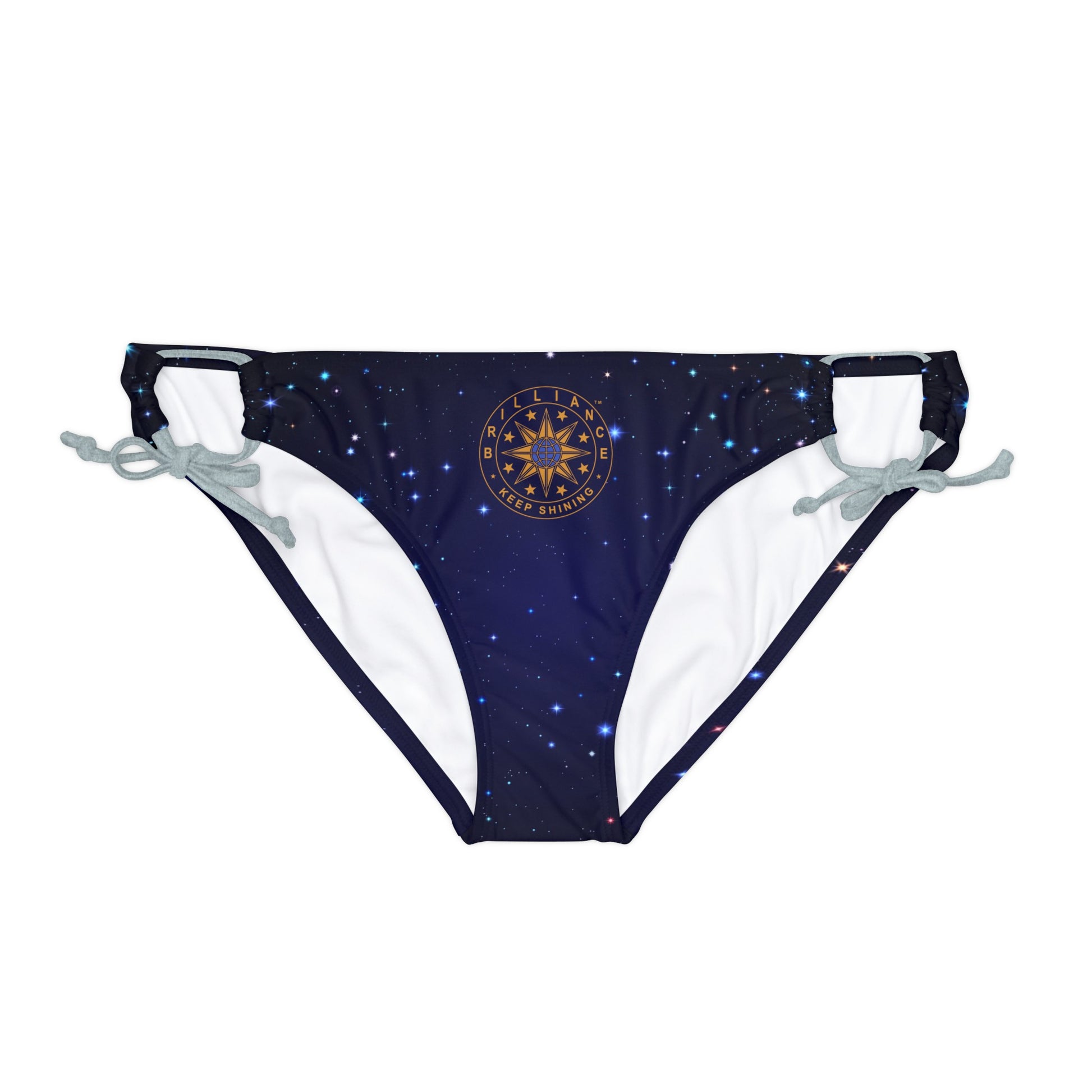 Brilliance Loop Tie Side Bikini Bottom with Starry Night Print and Logo Silver Straps Front Side