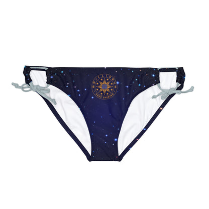 Brilliance Loop Tie Side Bikini Bottom with Starry Night Print and Logo Silver Straps Front Side