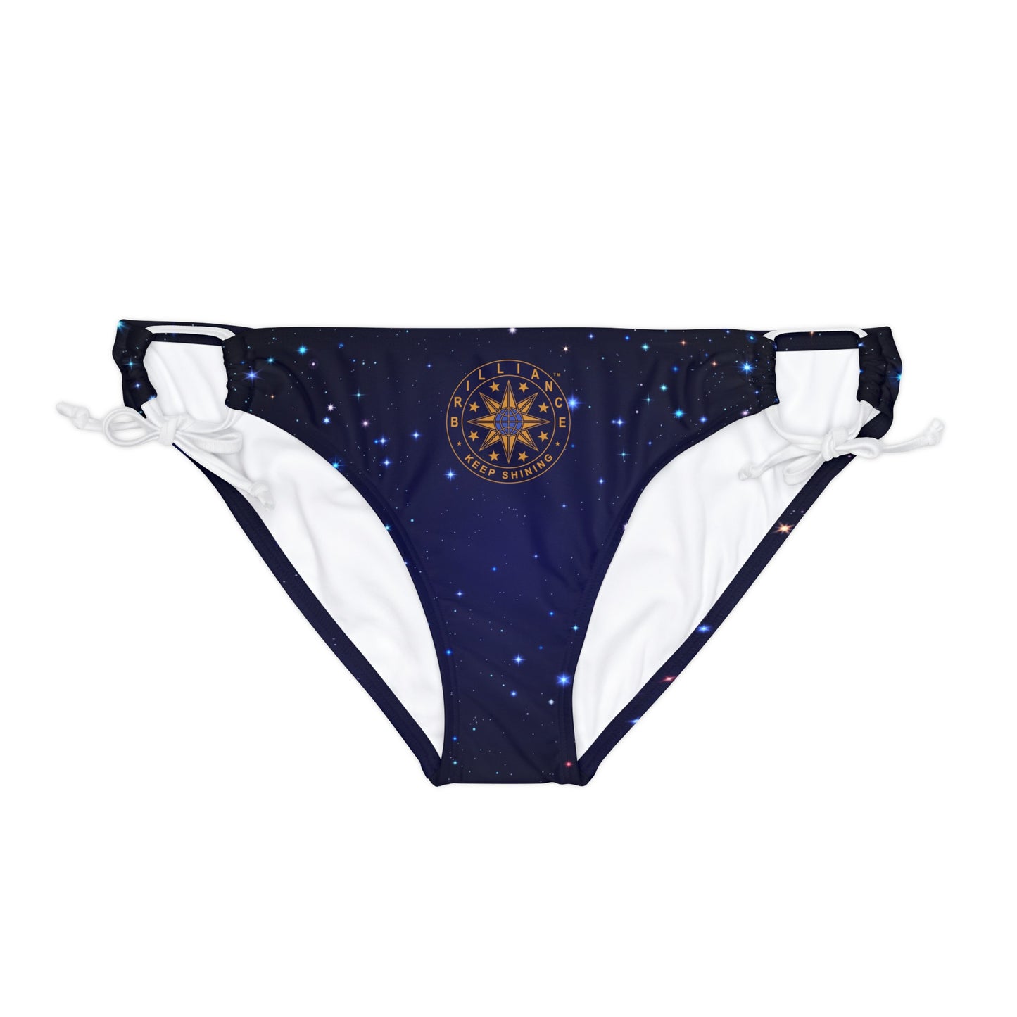 Brilliance Loop Tie Side Bikini Bottom with Starry Night Print and Logo White Straps Front Side