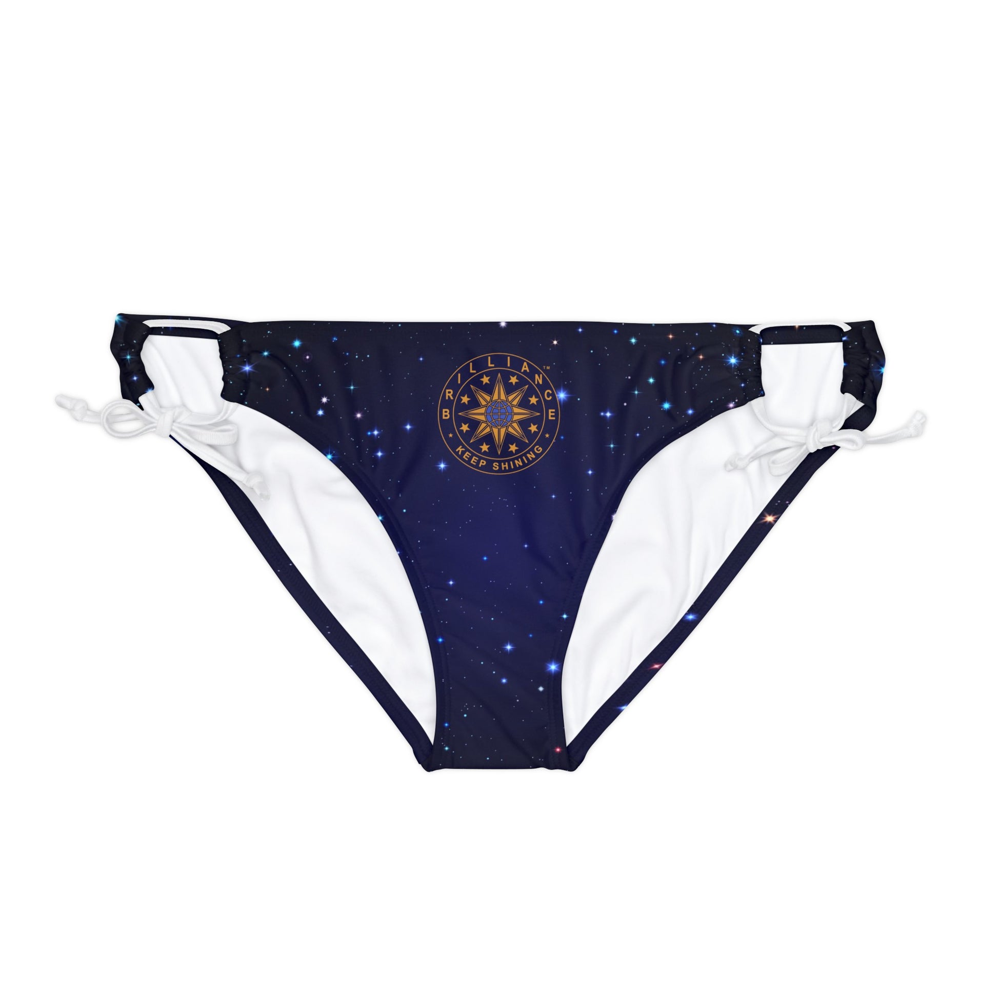 Brilliance Loop Tie Side Bikini Bottom with Starry Night Print and Logo White Straps Front Side