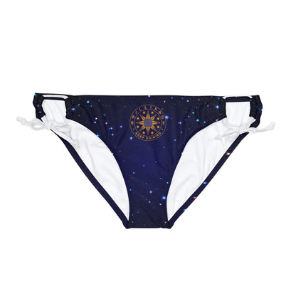 Brilliance Loop Tie Side Bikini Bottom with Starry Night Print and Logo White Straps Front Side