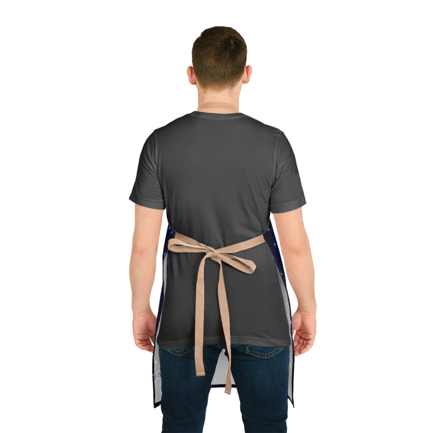 Brilliance Men's Apron with Starry Night Print and Logo Beige Strap Back Side with Model