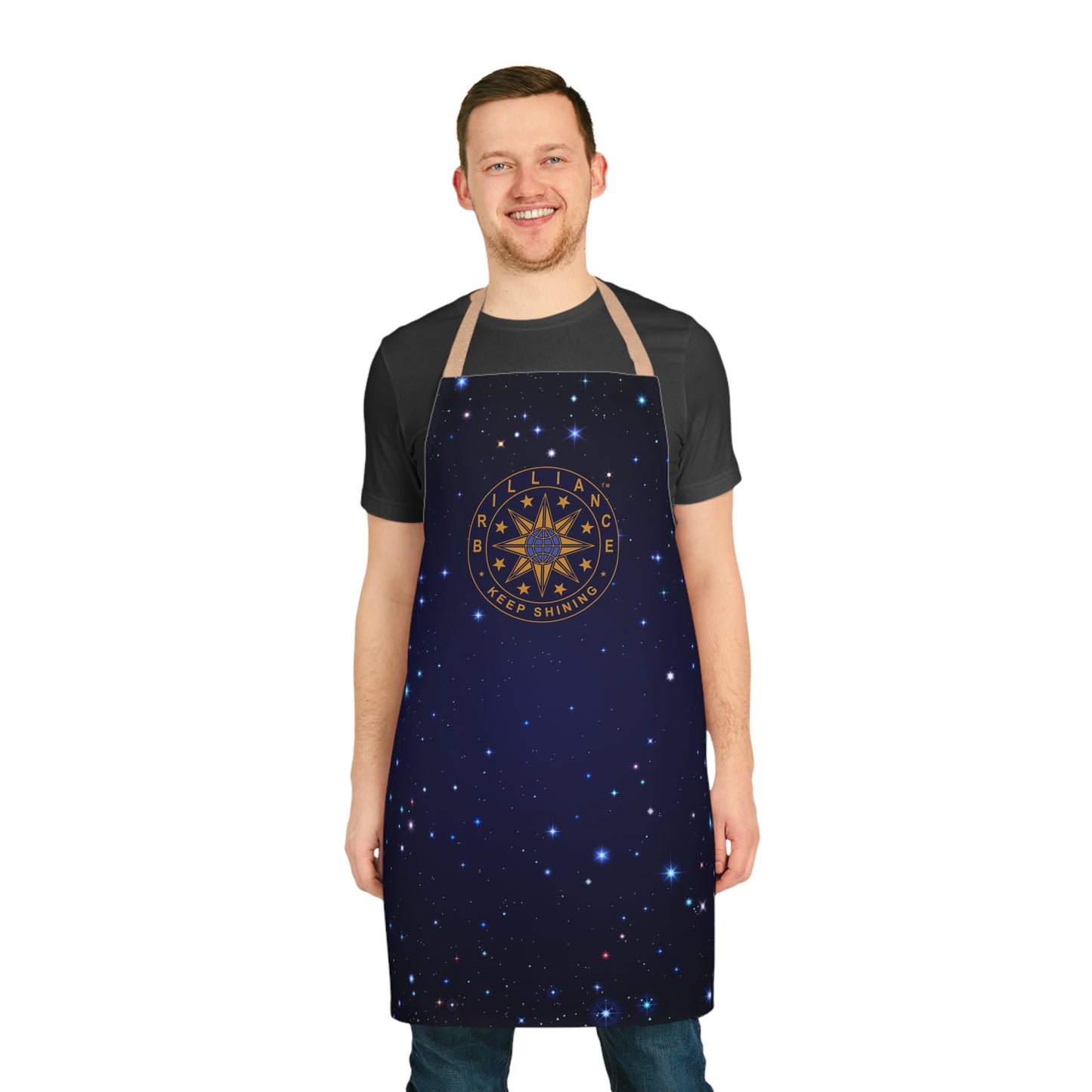 Brilliance Men's Apron with Starry Night Print and Logo Beige Strap Front Side with Model