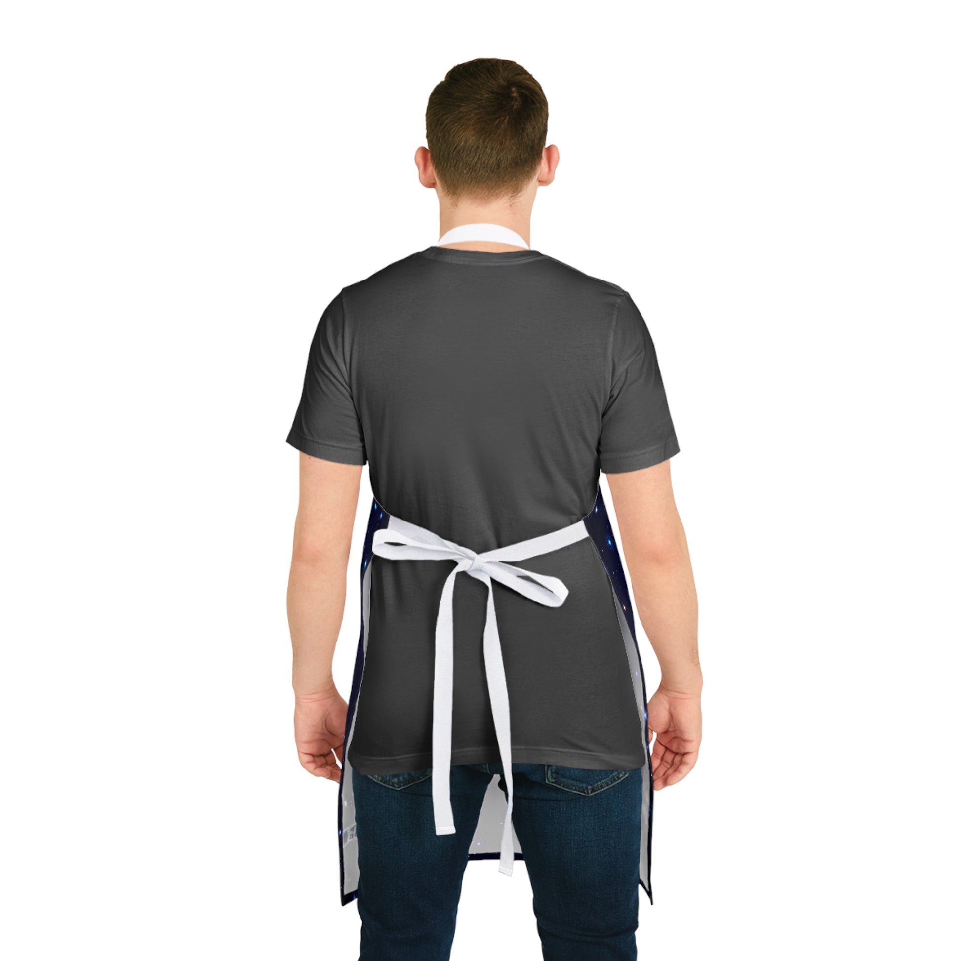 Brilliance Men's Apron with Starry Night Print and Logo White Strap Back Side with Model