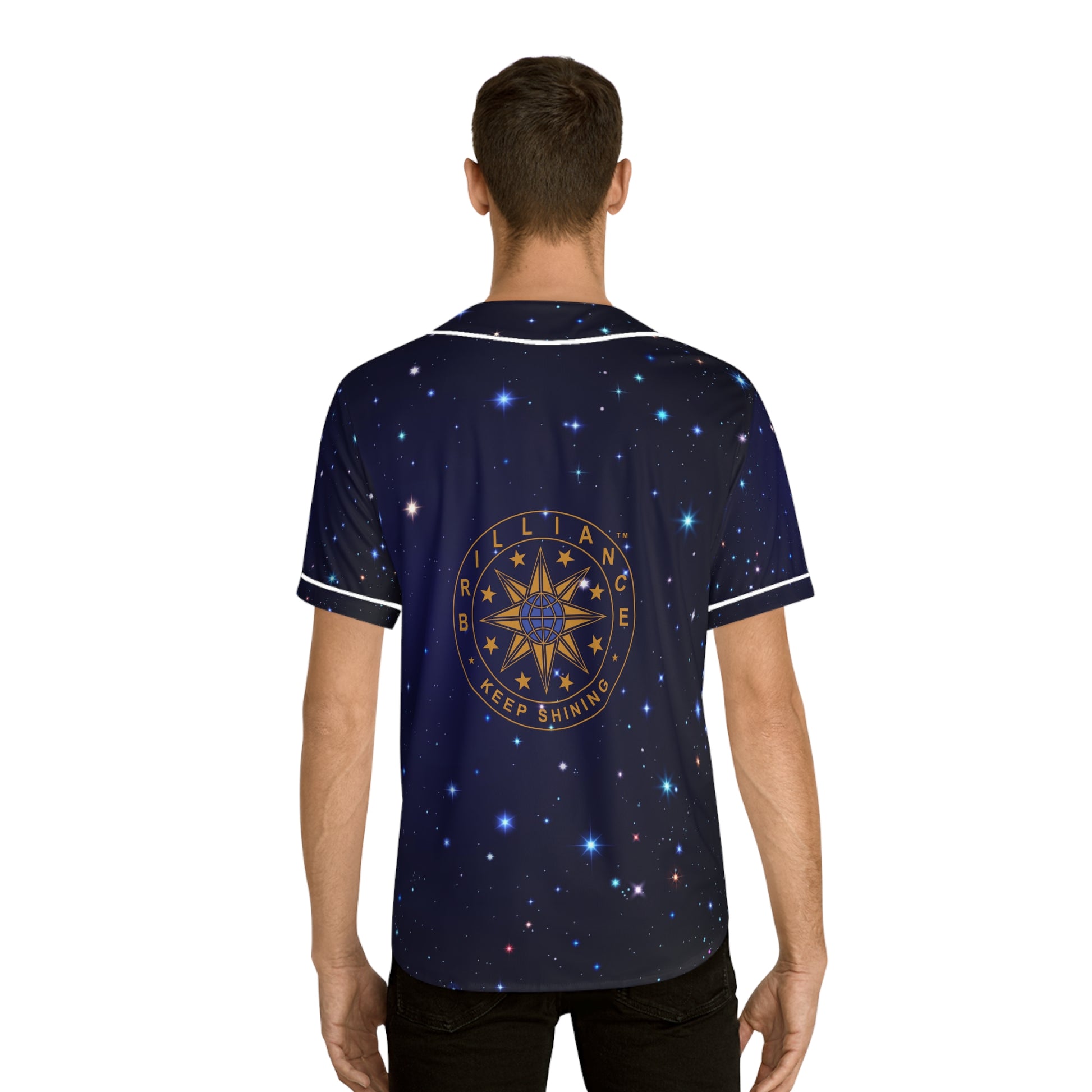 Brilliance Men's Baseball Jersey w/ Starry Night Print and Logo Back with Model