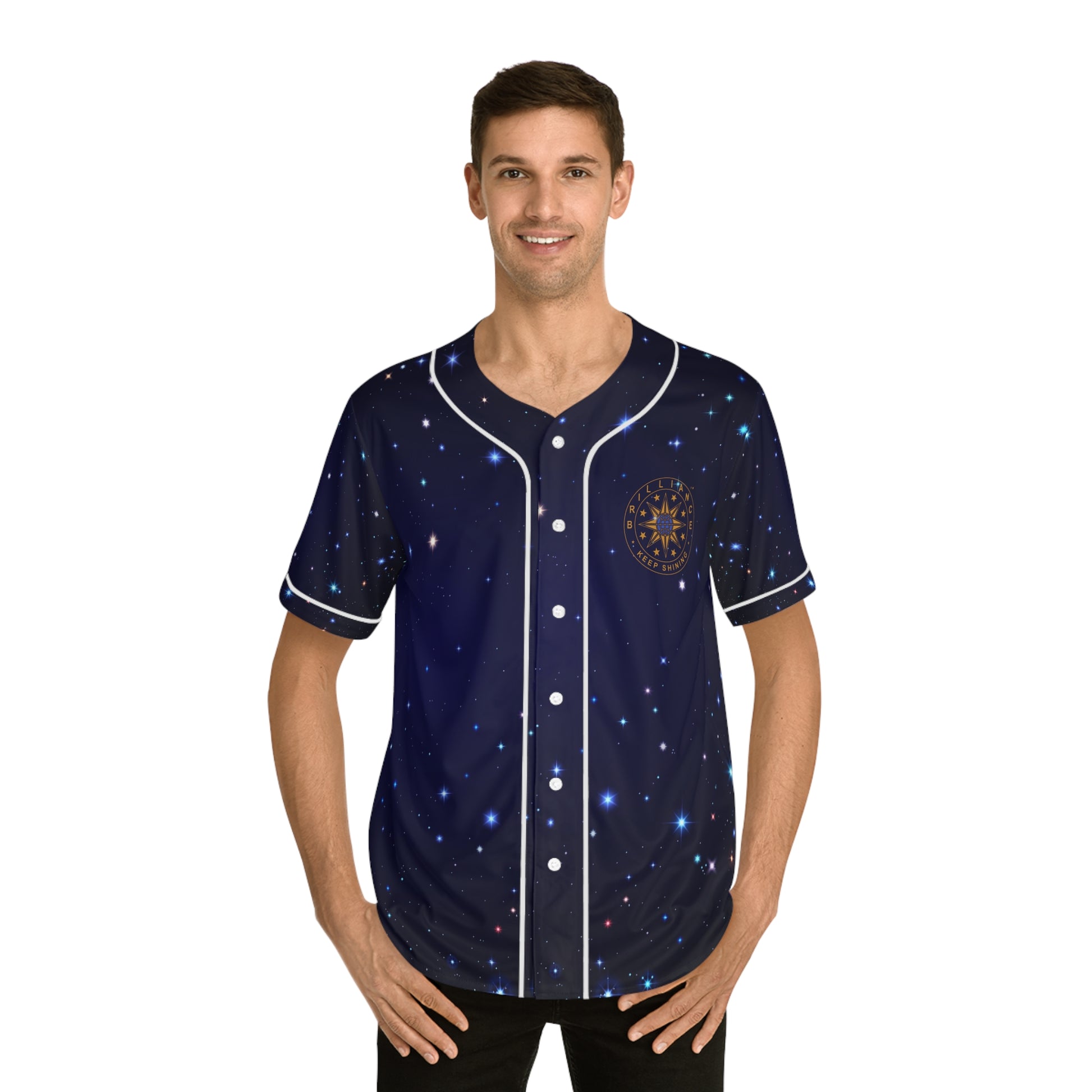 Brilliance Men's Baseball Jersey w/ Starry Night Print and Logo Front with Model
