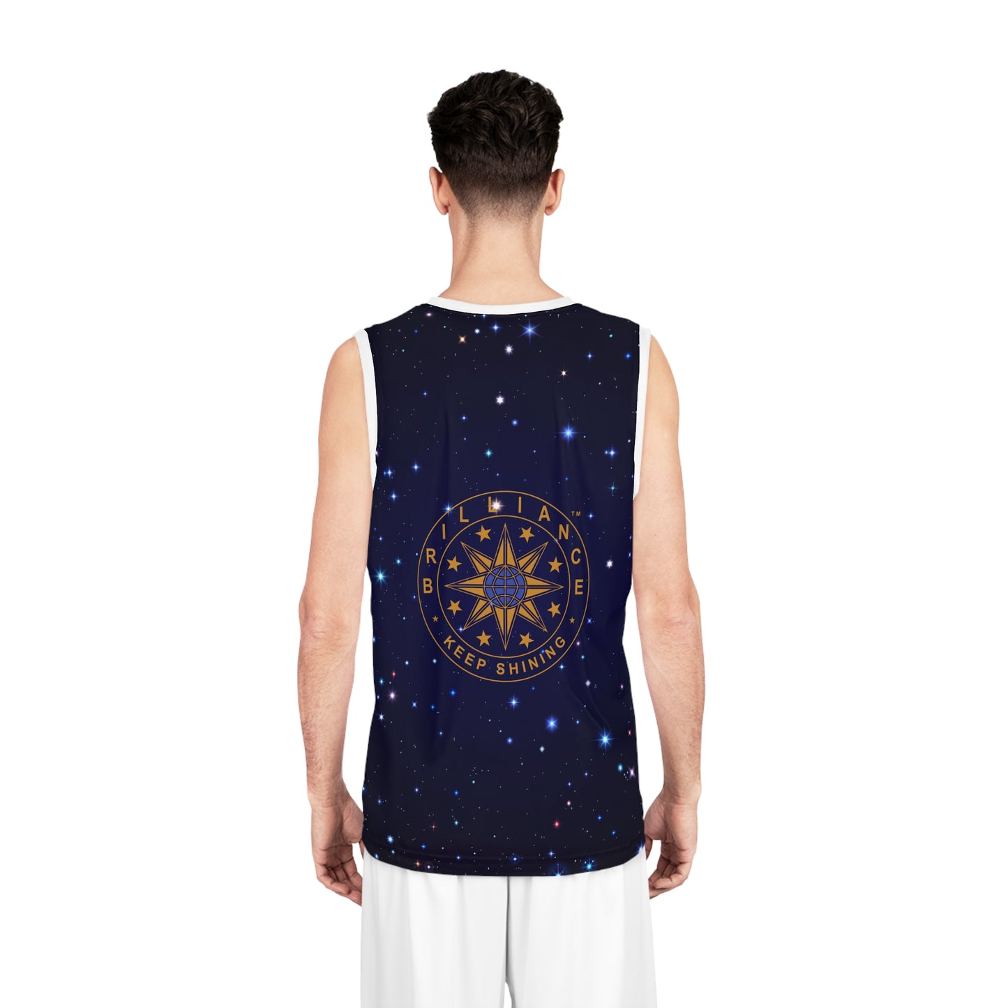 Brilliance Men's Basketball Jersey with Starry Night Print and Logo Back View with Model