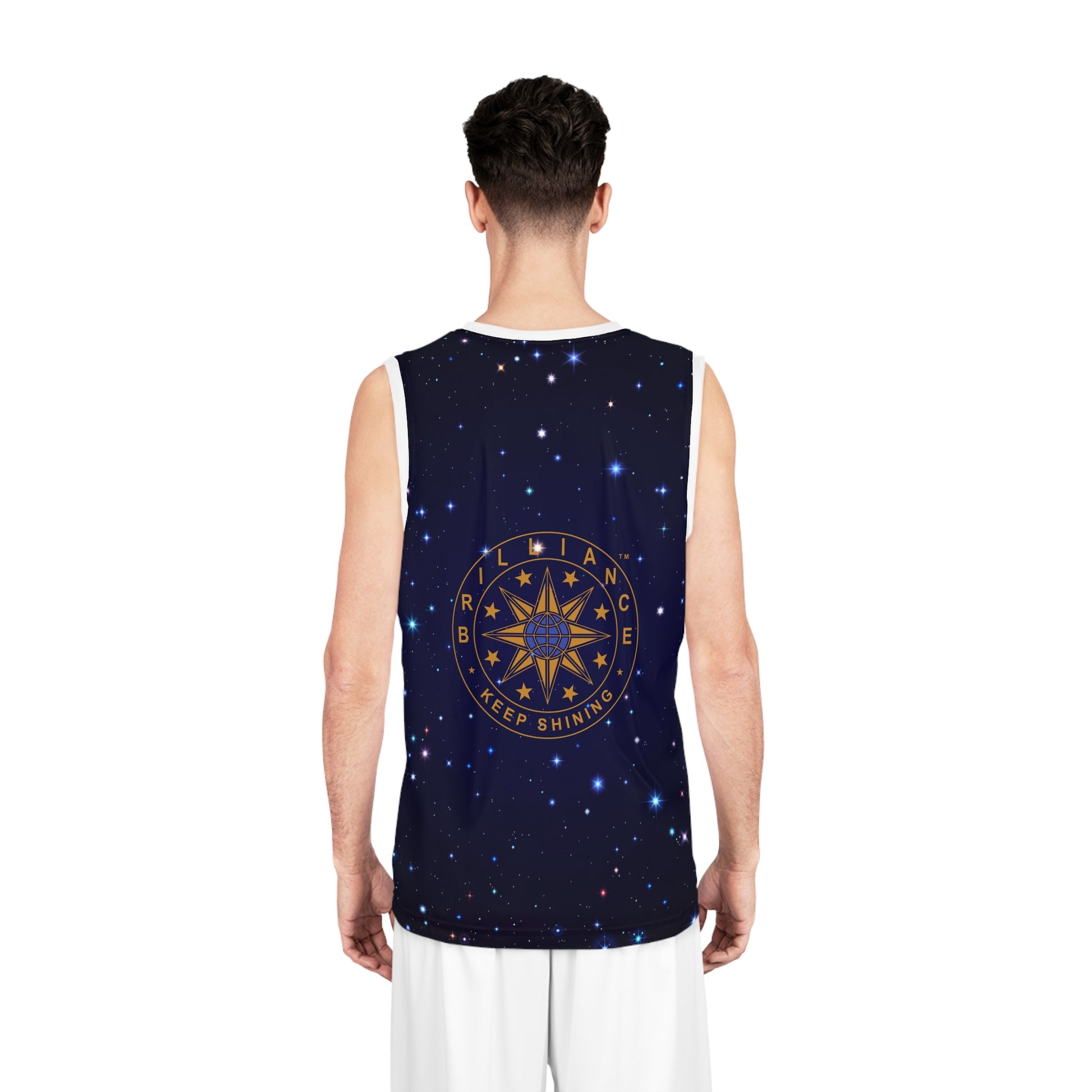 Brilliance Men's Basketball Jersey with Starry Night Print and Logo Back View with Model