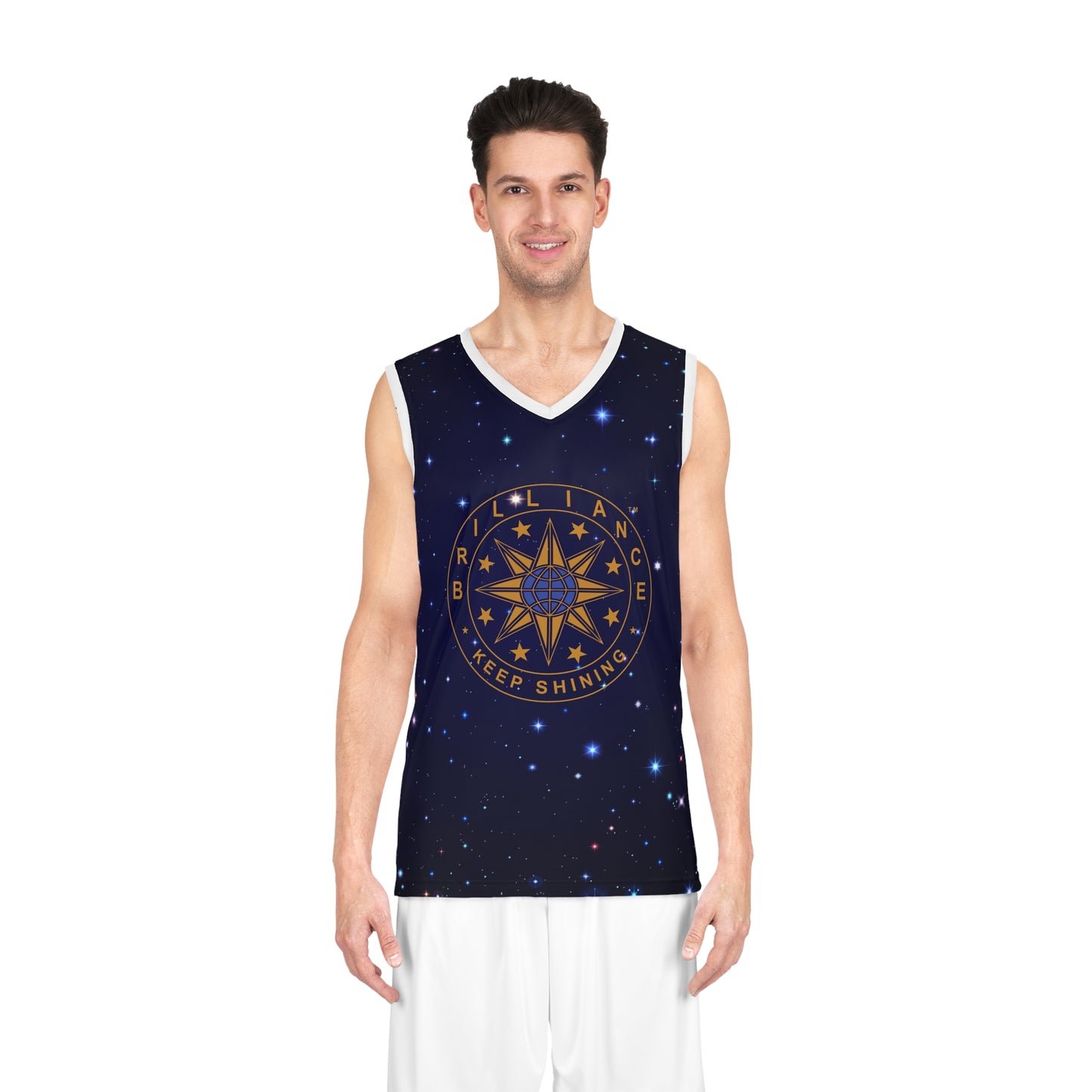 Brilliance Men's Basketball Jersey with Starry Night Print and Logo Front View with Model