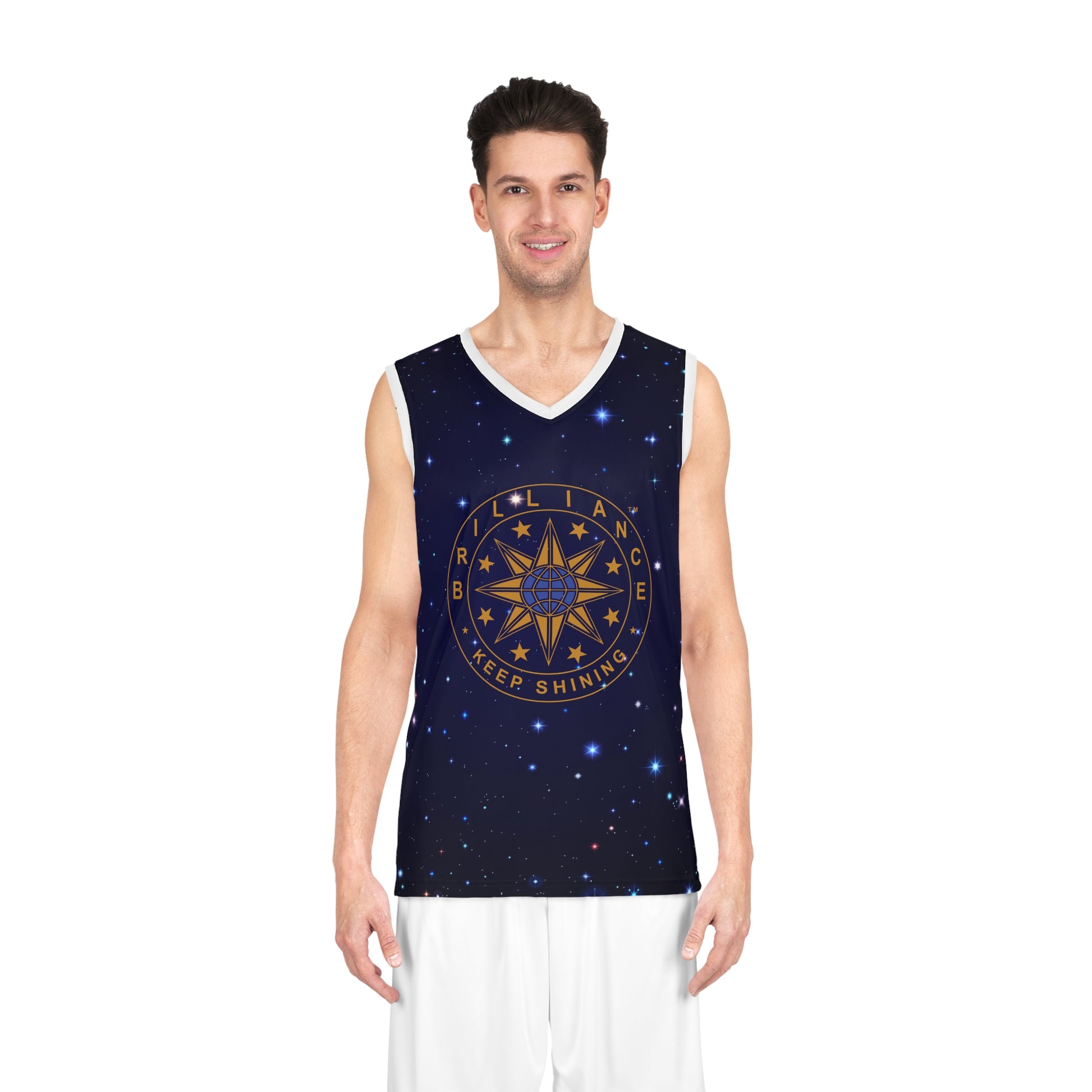 Brilliance Men's Basketball Jersey with Starry Night Print and Logo Front View with Model