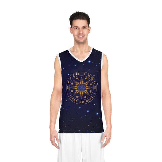 Brilliance Men's Basketball Jersey with Starry Night Print and Logo Front View with Model