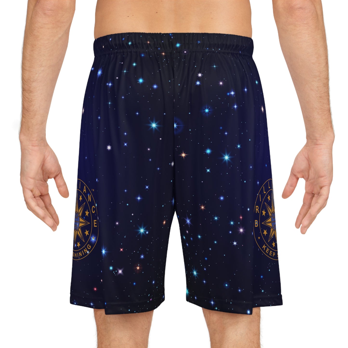 Brilliance Men's Basketball Shorts w/ Starry Night Print & Logo Back View with Model