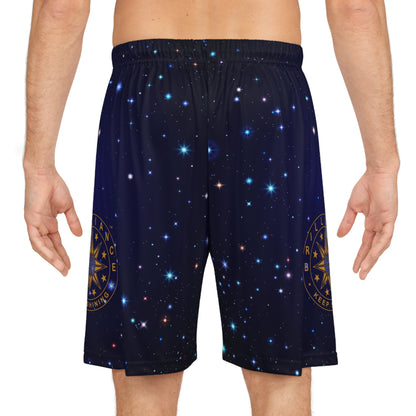 Brilliance Men's Basketball Shorts w/ Starry Night Print & Logo Back View with Model