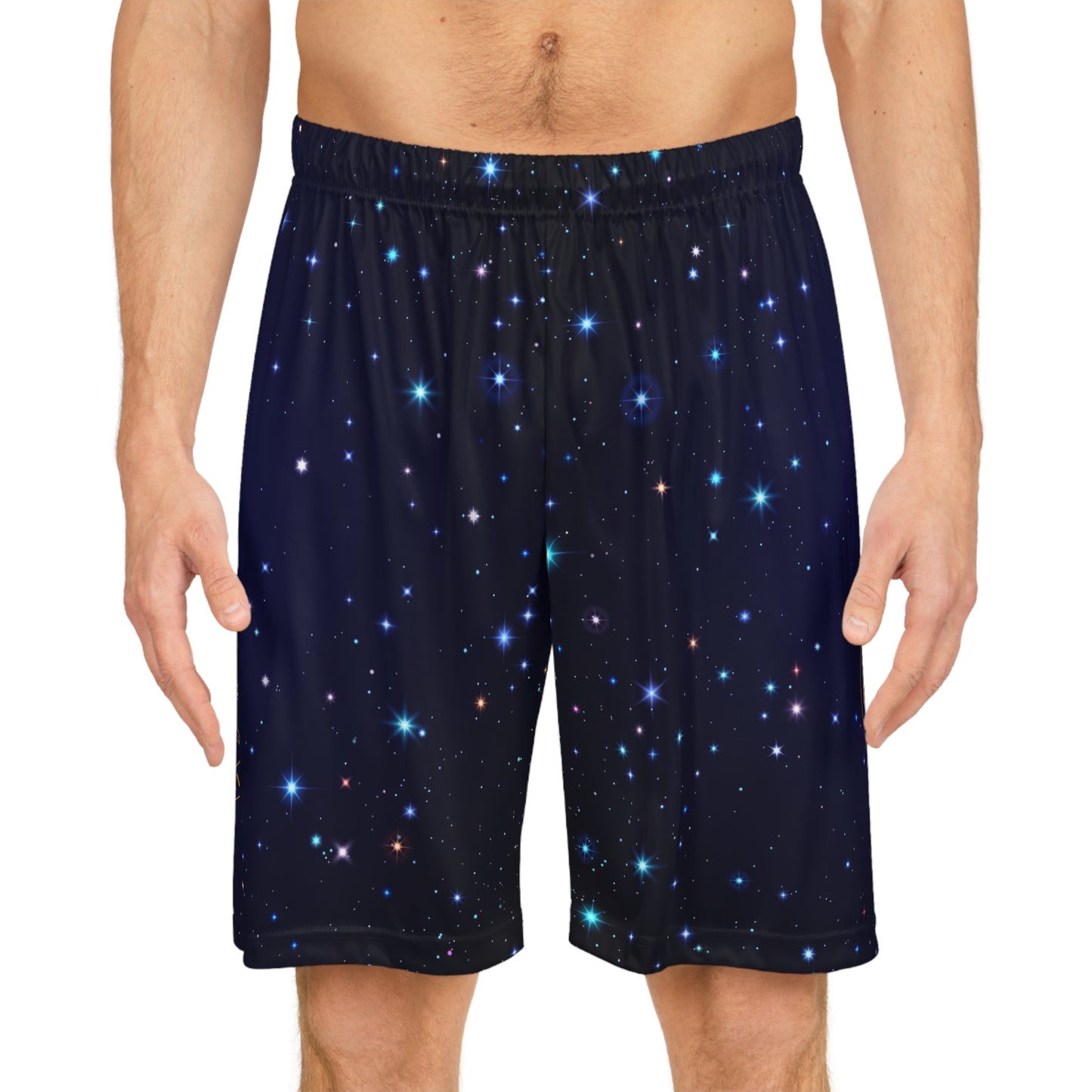 Brilliance Men's Basketball Shorts w/ Starry Night Print & Logo Front with Model