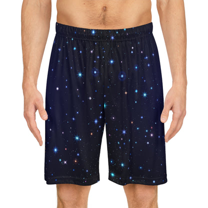 Brilliance Men's Basketball Shorts w/ Starry Night Print & Logo Front with Model