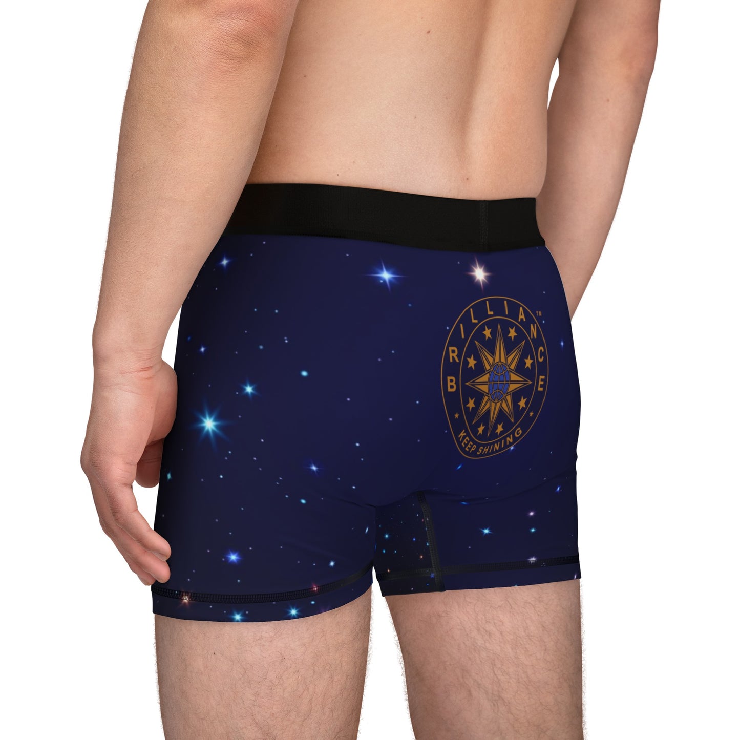 Brilliance Men's Boxers with Starry Night Print and Logo Back Slant with Model