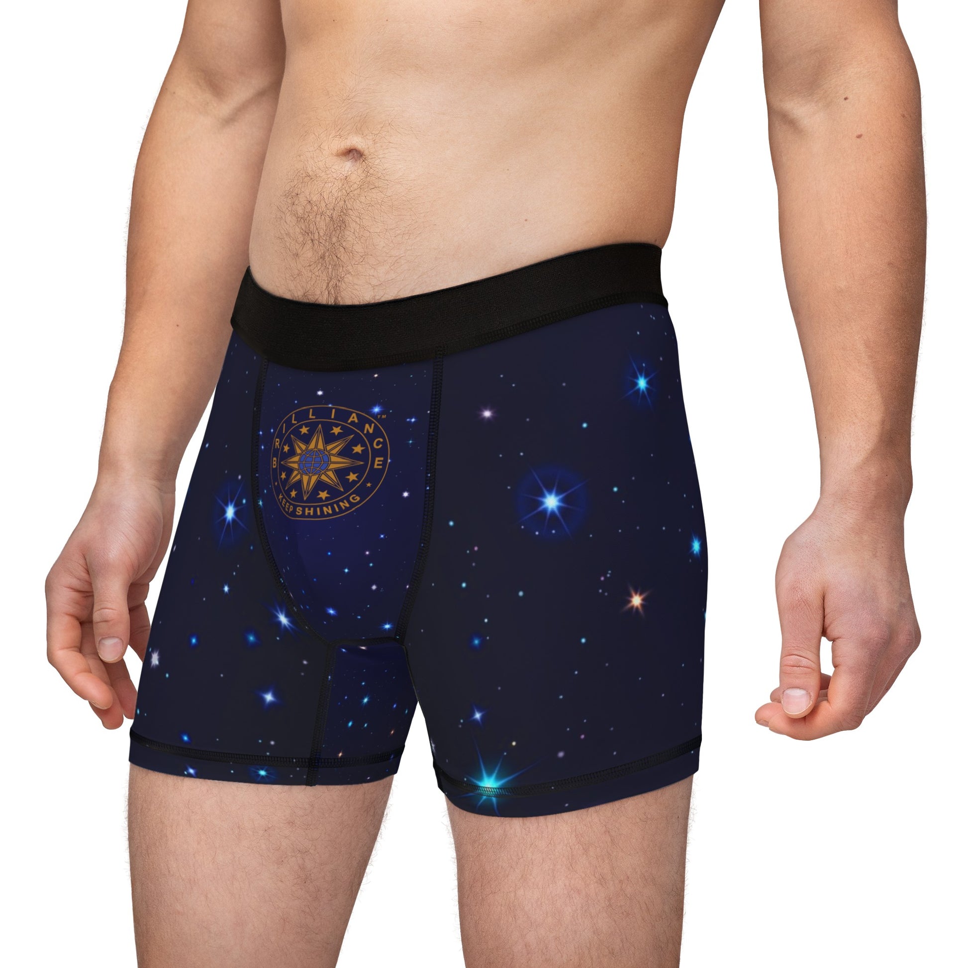 Brilliance Men's Boxers with Starry Night Print and Logo Front Slant with Model
