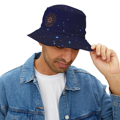 Brilliance Men's Bucket Hat with Starry Night Print and Logo Black Stitching Front Slant with Model