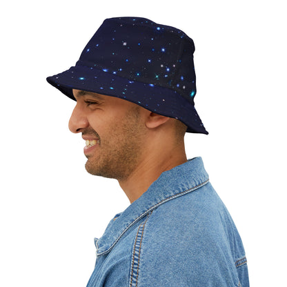 Brilliance Men's Bucket Hat with Starry Night Print and Logo Black Stitching Left Side with Model