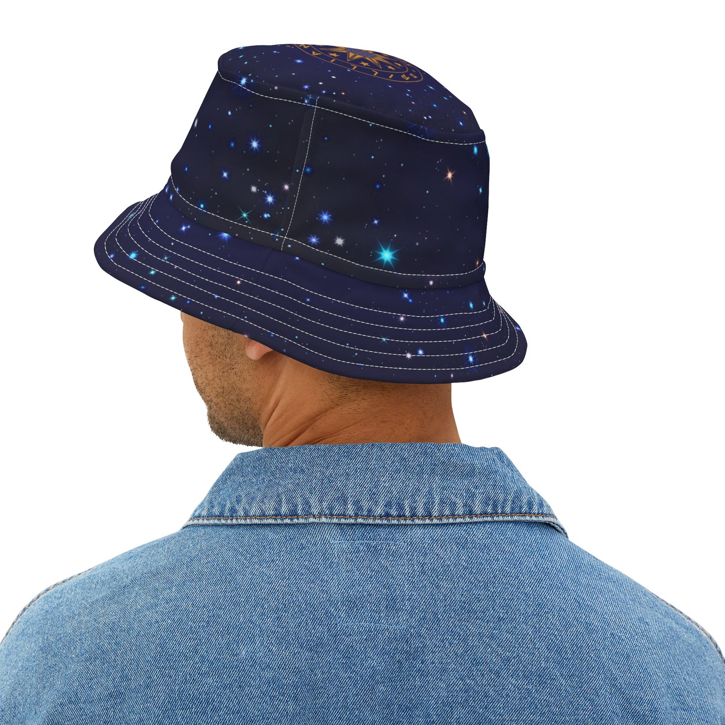Brilliance Men's Bucket Hat with Starry Night Print and Logo White Stitching Back Slant with Model