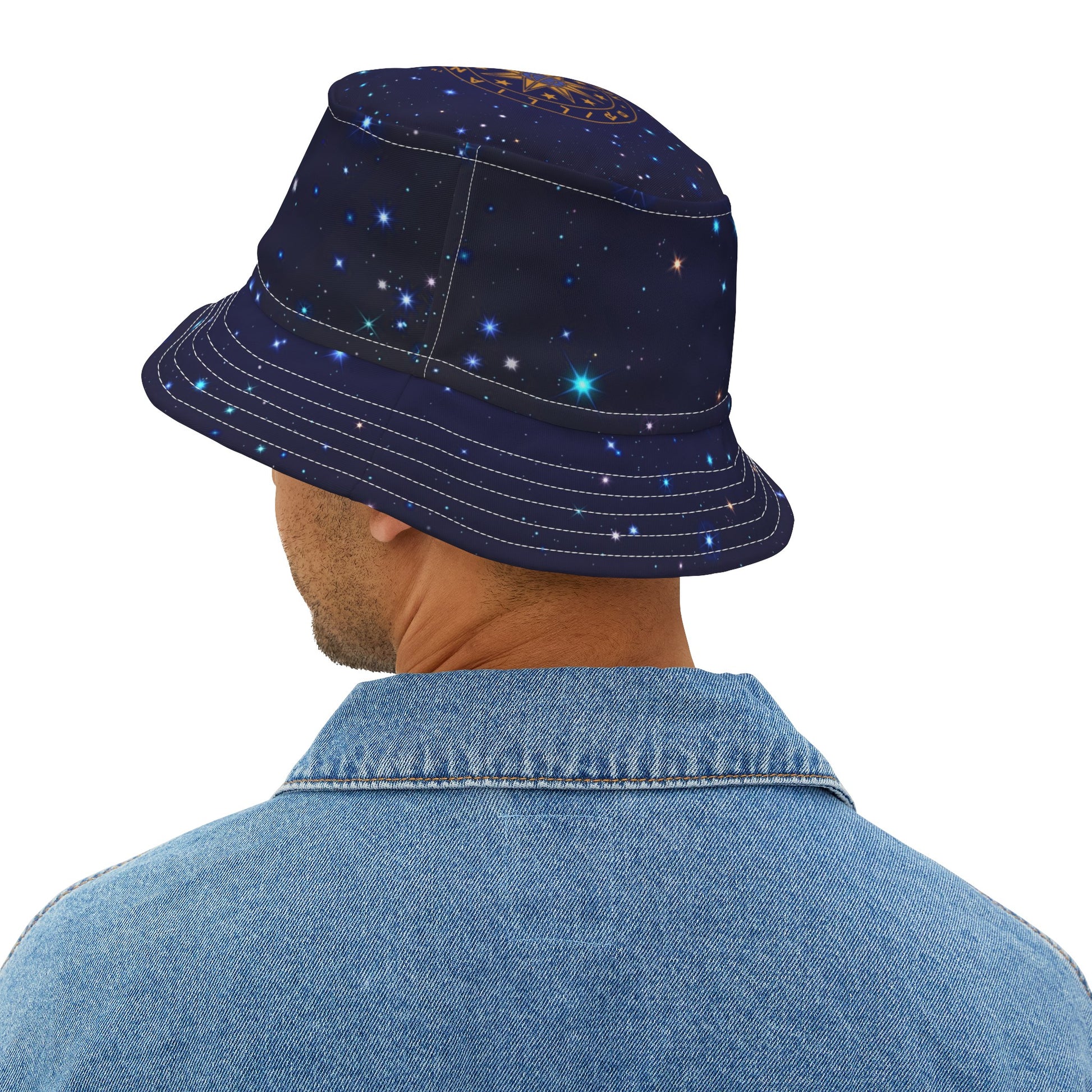 Brilliance Men's Bucket Hat with Starry Night Print and Logo White Stitching Back Slant with Model