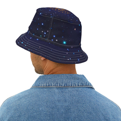 Brilliance Men's Bucket Hat with Starry Night Print and Logo White Stitching Back Slant with Model