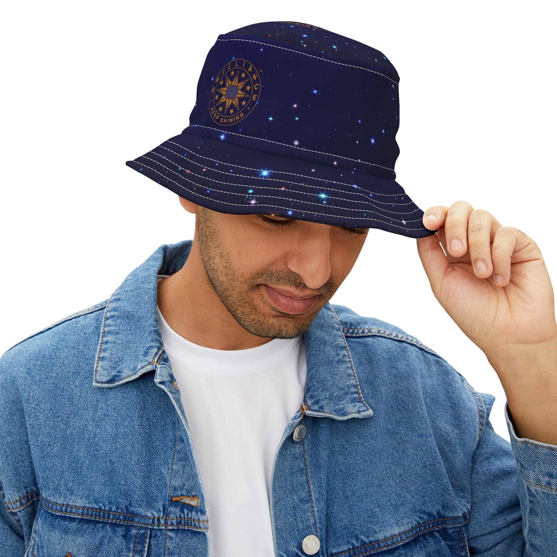 Brilliance Men's Bucket Hat with Starry Night Print and Logo White Stitching Front Slant with Model