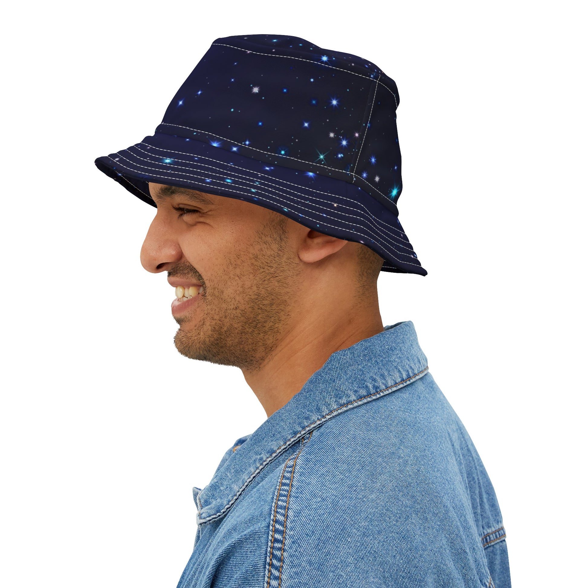 Brilliance Men's Bucket Hat with Starry Night Print and Logo White Stitching Left Side with Model